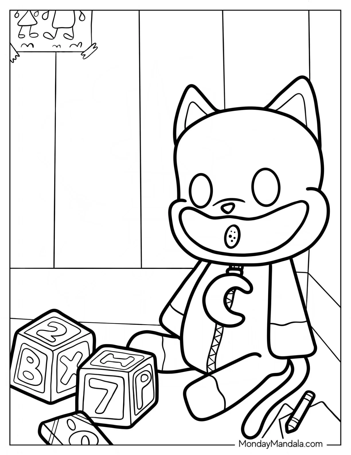 Poppy Playtime Coloring Page Of Cute Catnap Sitting In A Corner With Number Blocks coloring page — printable line art