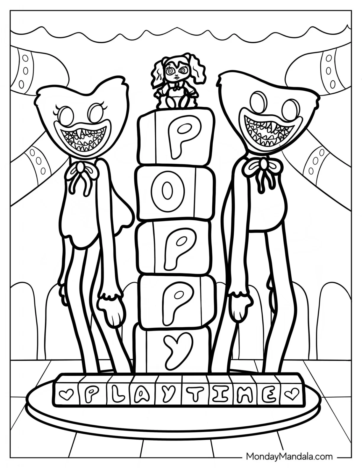 Poppy Playtime Coloring Page Of Display With Huggy Wuggies coloring page