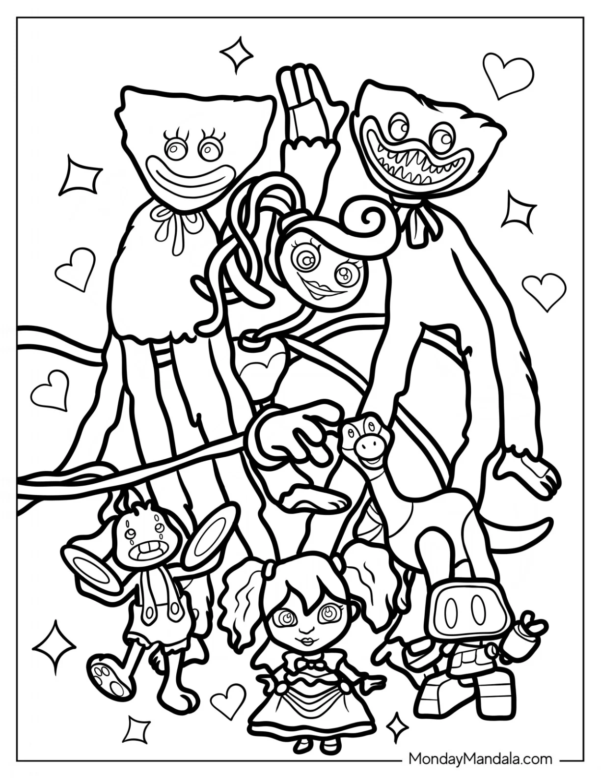 Poppy Playtime Coloring Page Of Mommy Long Legs, Huggy Wuggy, Kissy Missy, Poppy, Bron, Boogie Bot, And Bunzo Bunny coloring page — printable line art
