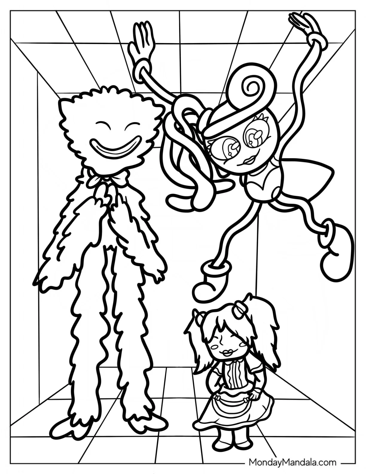 Poppy Playtime Coloring Page Of Poppy In A Room With Mommy Long Legs And Huggy Wuggy coloring page