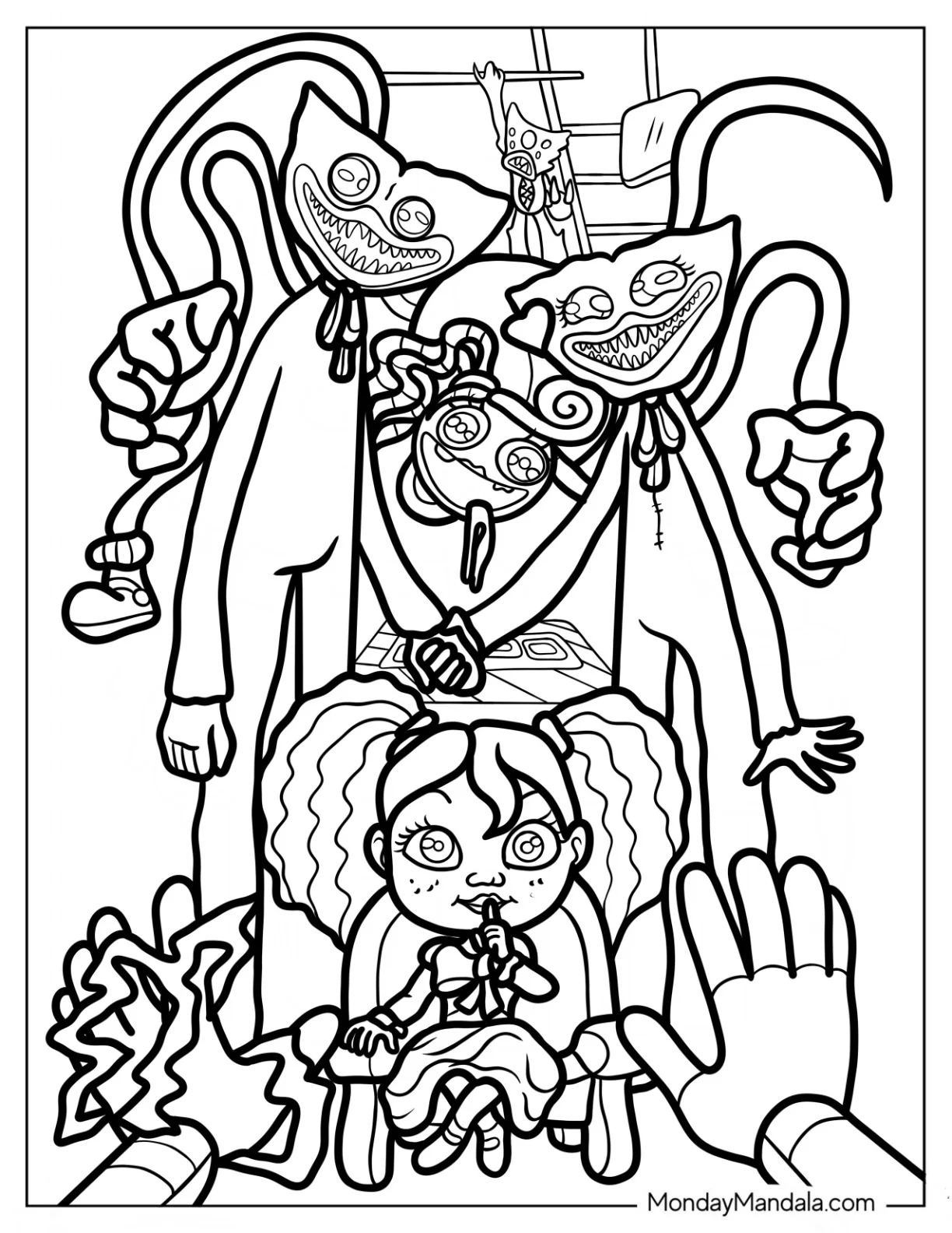 Poppy Playtime Coloring Page Of Poppy With Mini Huggies For Kids coloring page