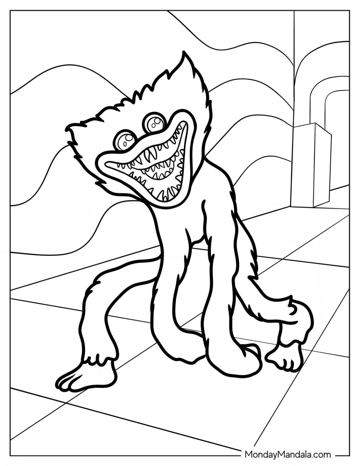 Poppy Playtime Coloring Page Of Scary Wuggles Walking In The Factory For Kids coloring page