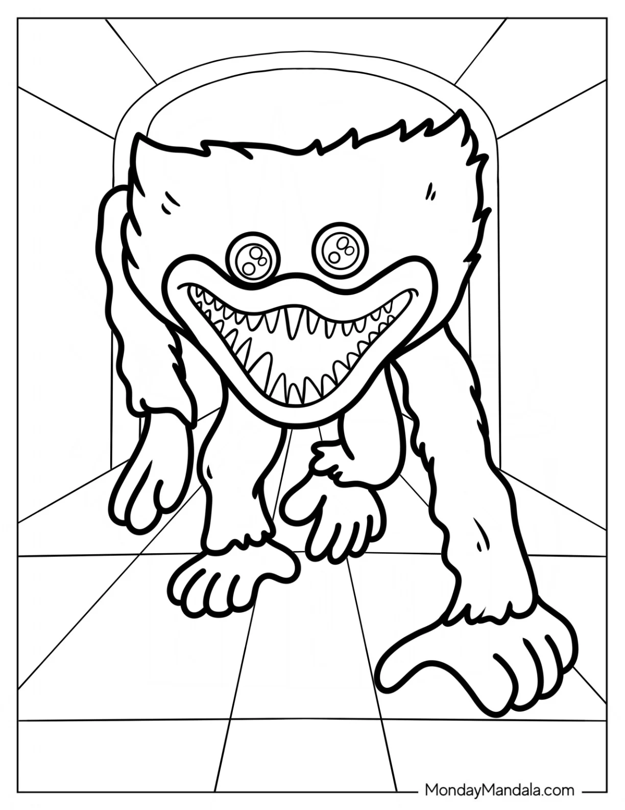 Poppy Playtime Coloring Page Of Terrifying Huggy Wuggy In The Corridor coloring page