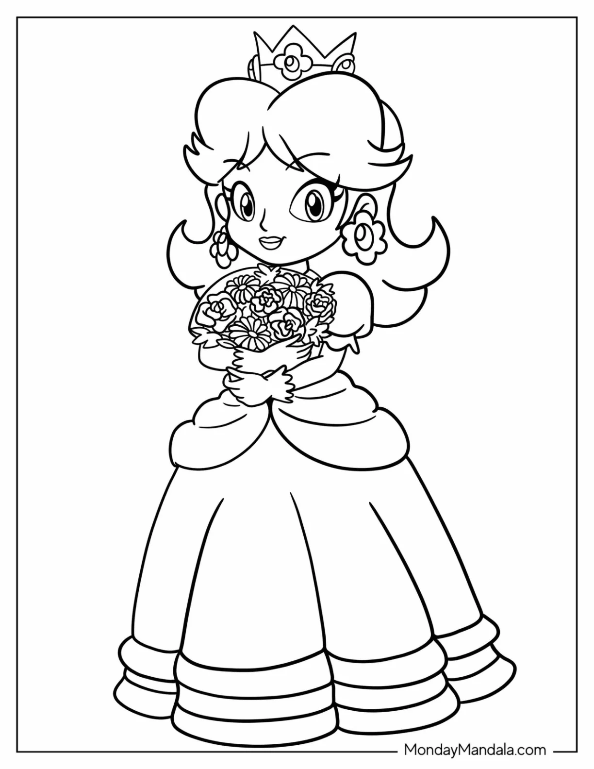 Cartoon Princess Daisy Coloring Page Holding Flower Bouquet coloring page