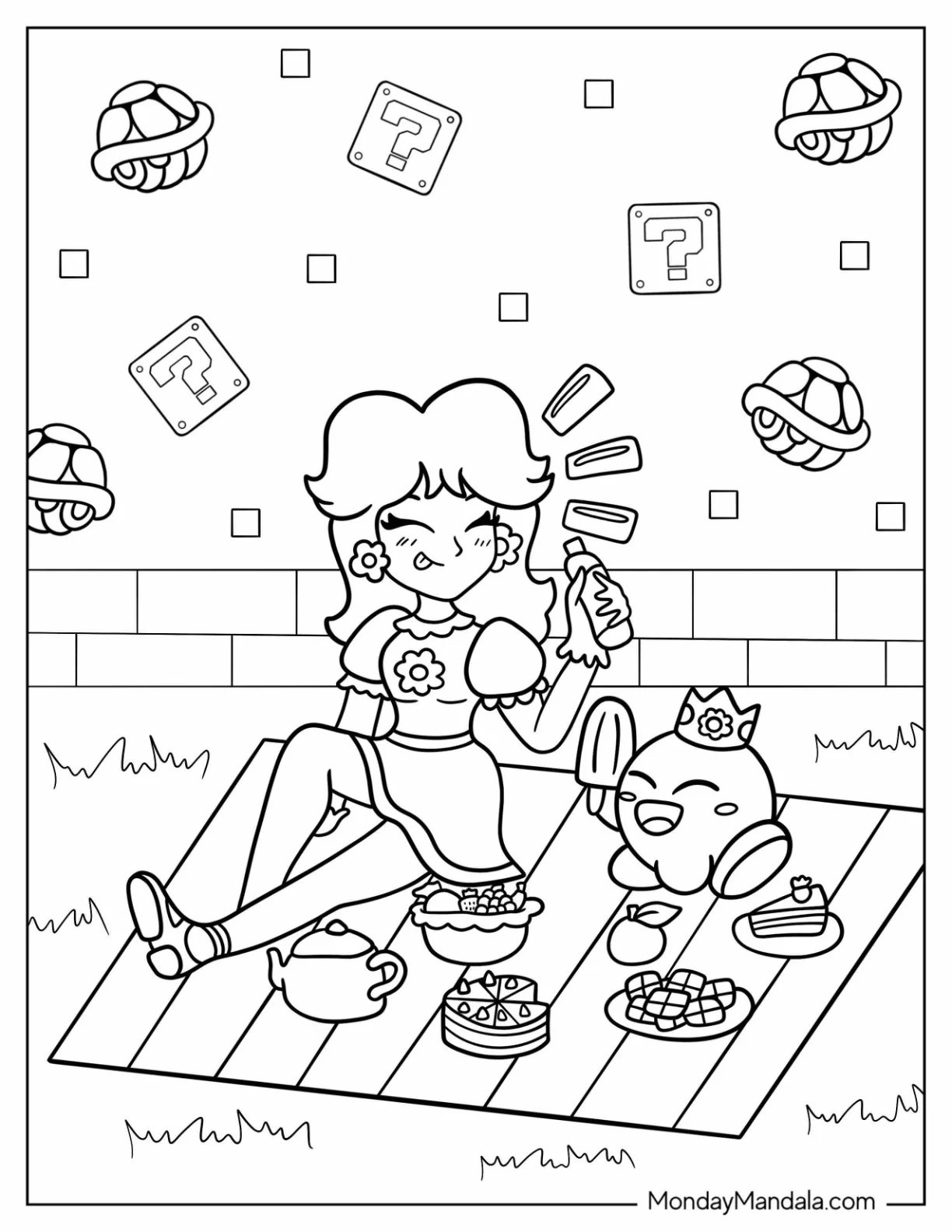Cute Princess Daisy Coloring Page Having Picnic With Kirby coloring page