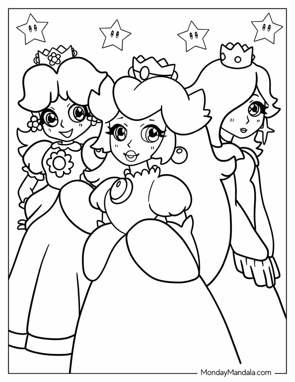 Easy Princess Peach, Rosalina, And Princess Daisy Coloring Page For Kids coloring page