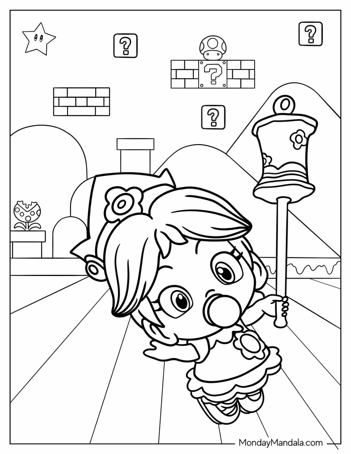 Kawaii Baby Princess Daisy Coloring Page Holding Hammer coloring page