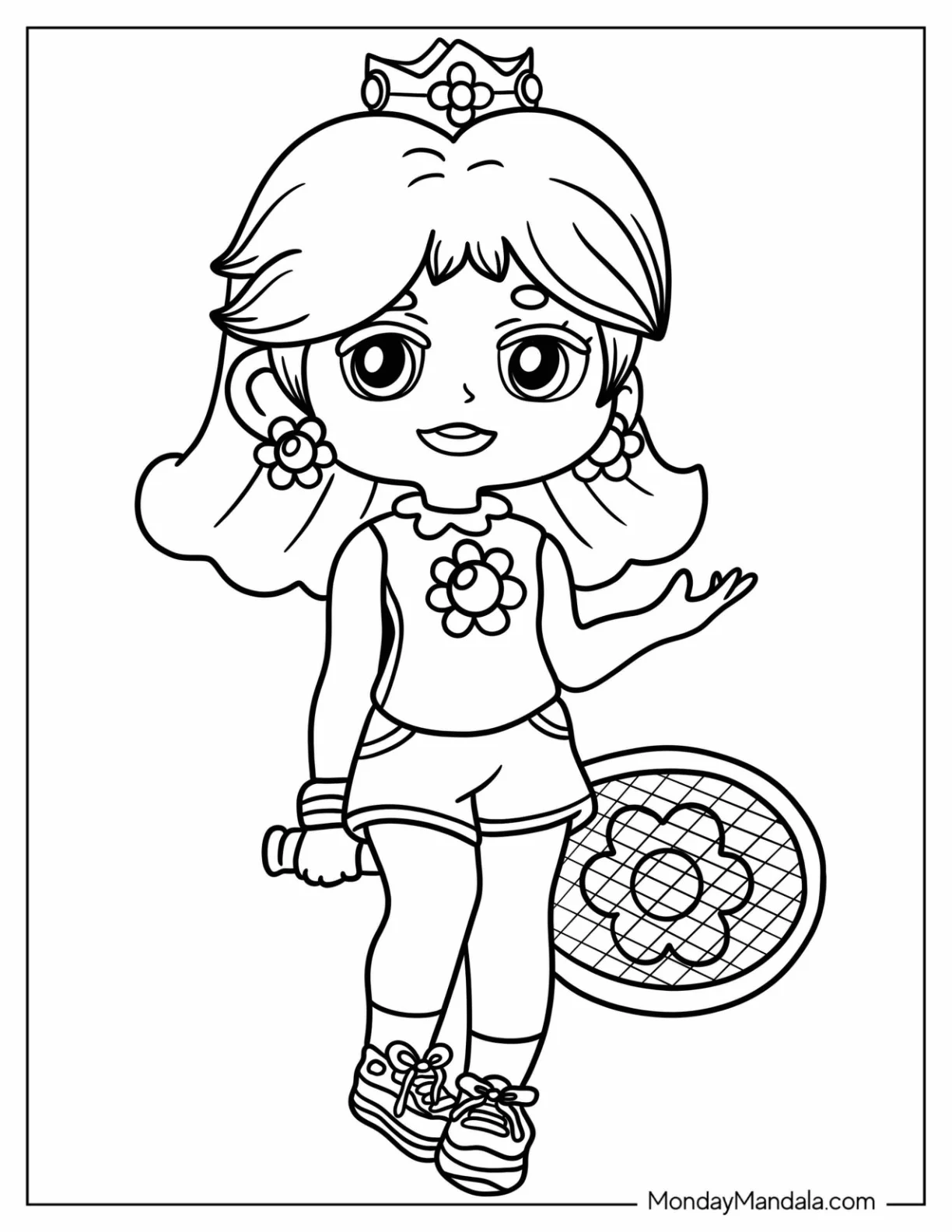 Kawaii Chibi Princess Daisy Coloring Page Holding Tennis Racket For Preschoolers coloring page
