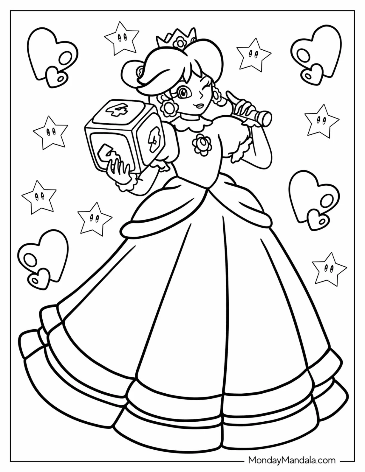 Princess Daisy Coloring Page Holding Block And Baseball Bat coloring page