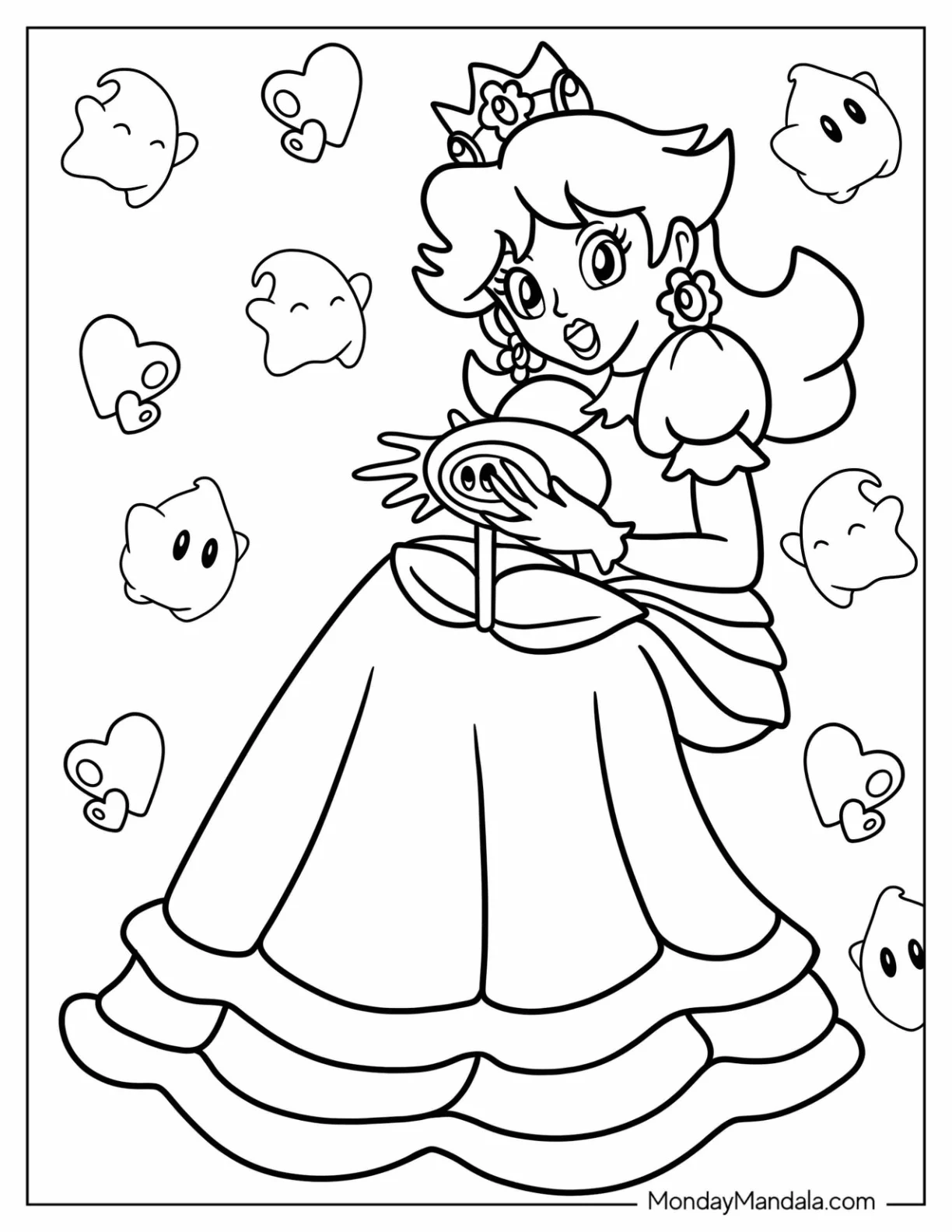Princess Daisy Coloring Page With Luma And Hearts In Background coloring page