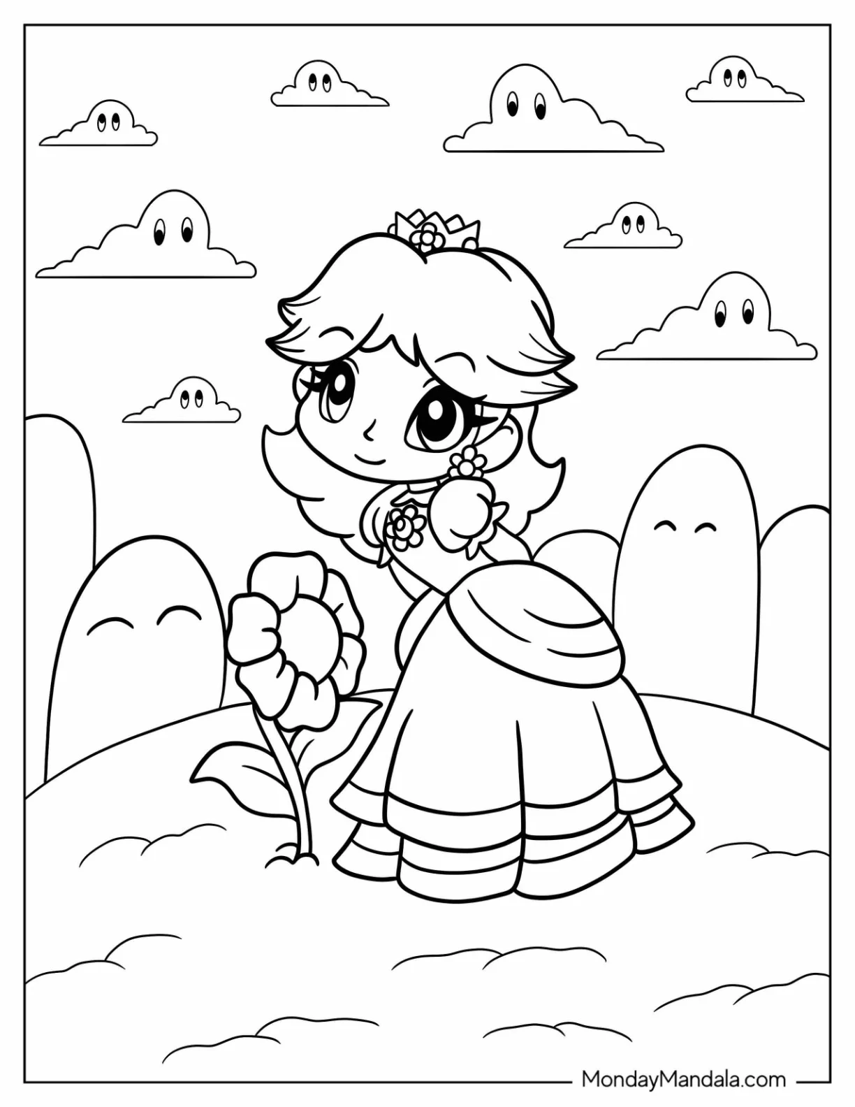 Princess Daisy Coloring Page With Sunflower coloring page