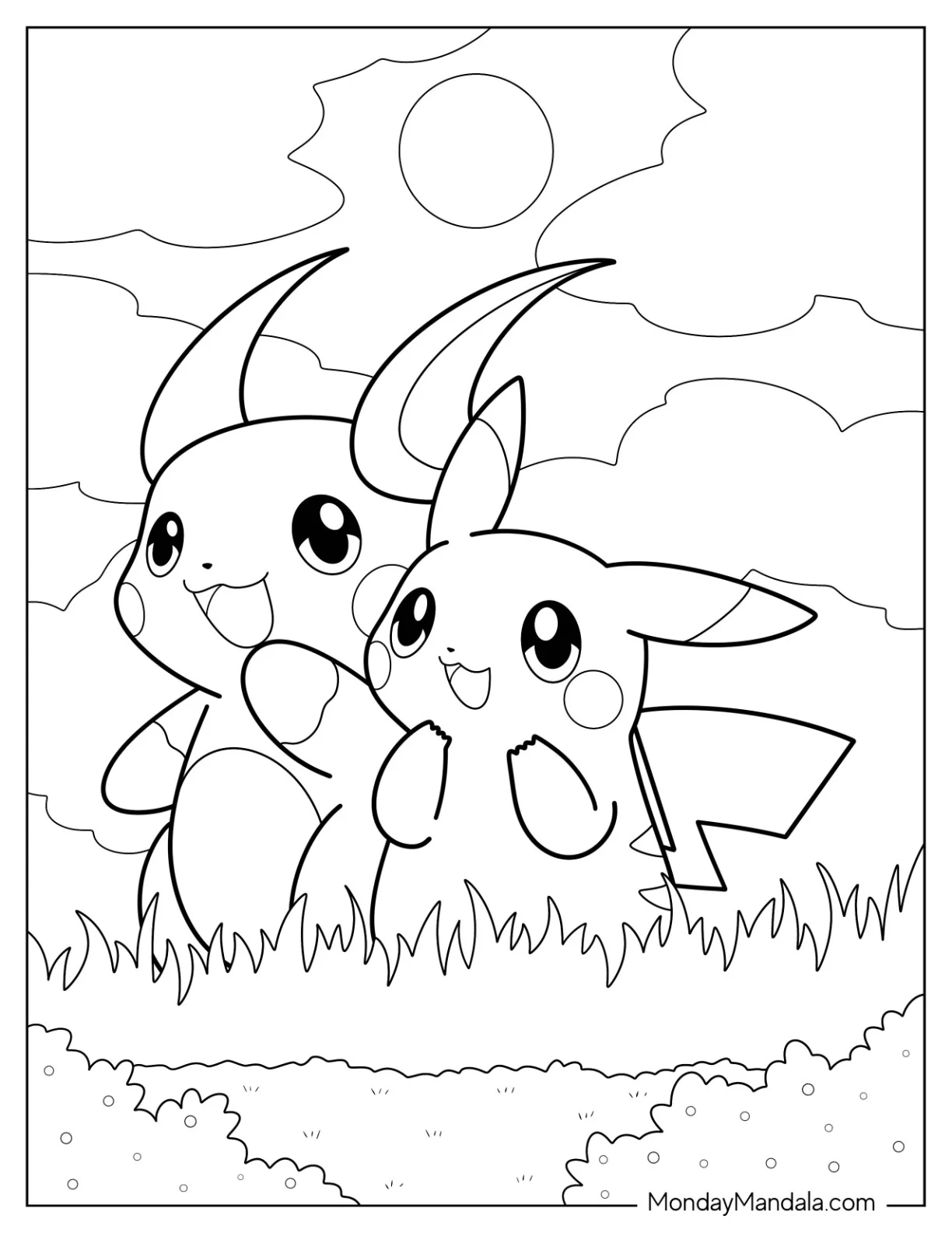 Happy Pikachu And Raichu Coloring Page On A Field coloring page
