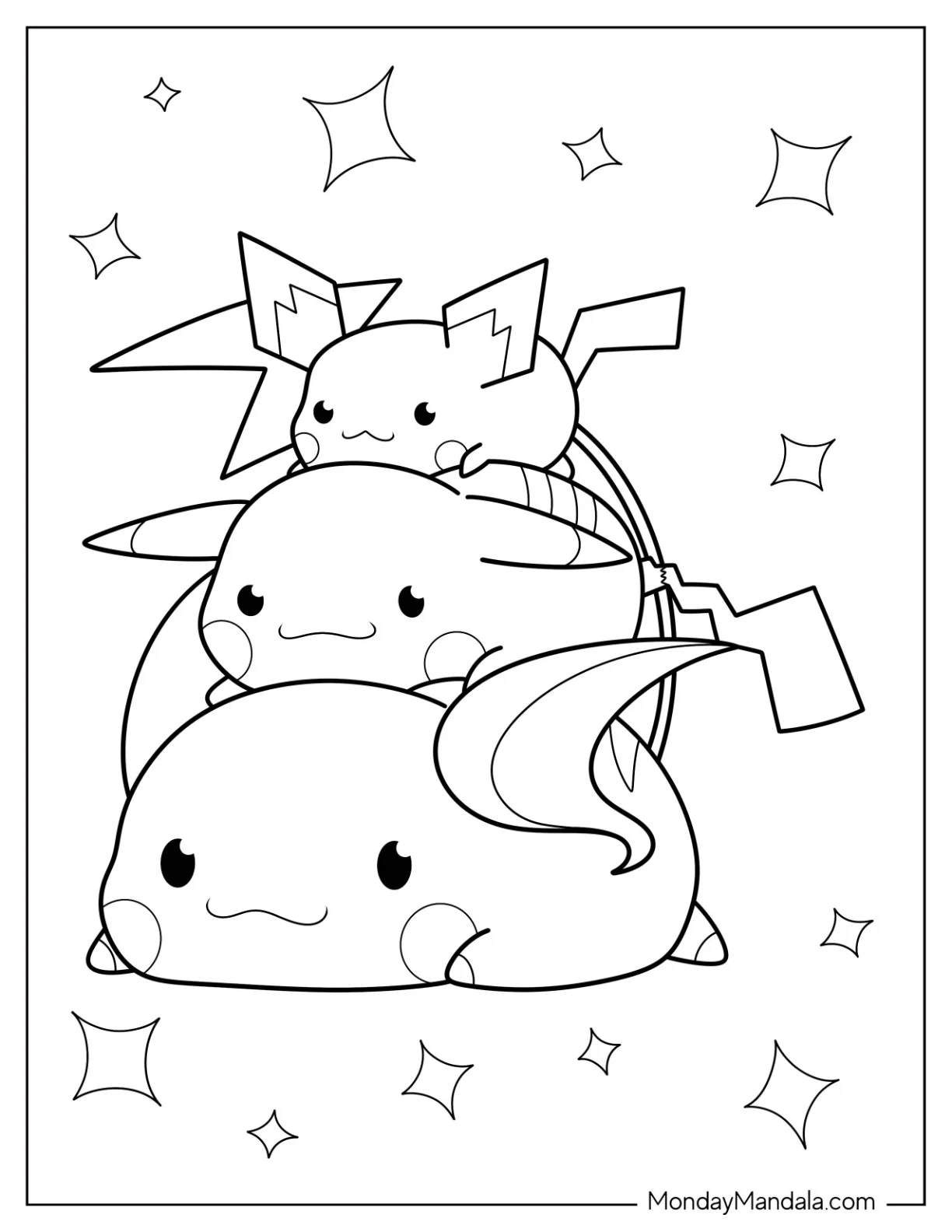 Kawaii Pichu And Pikachu On Top Of Raichu Coloring Page For Kids coloring page