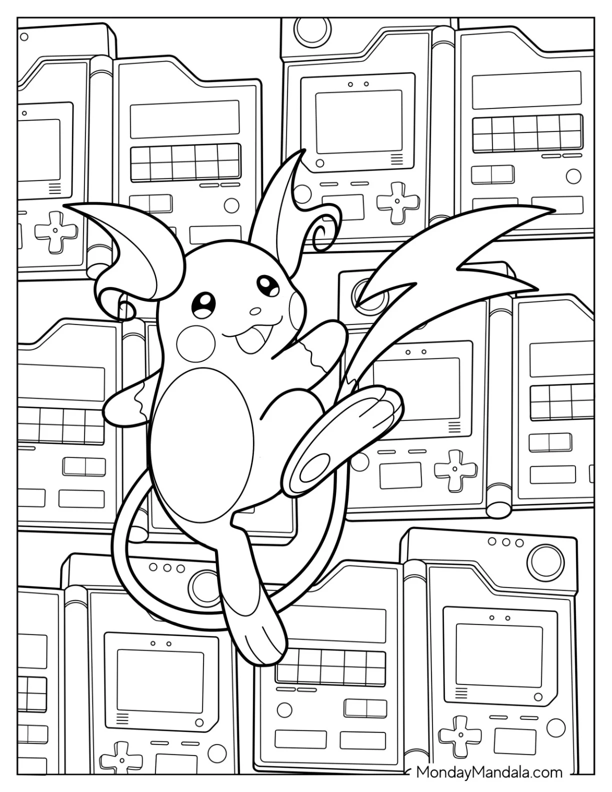 Raichu Coloring Page Kicking Air With Game Boy In Background coloring page