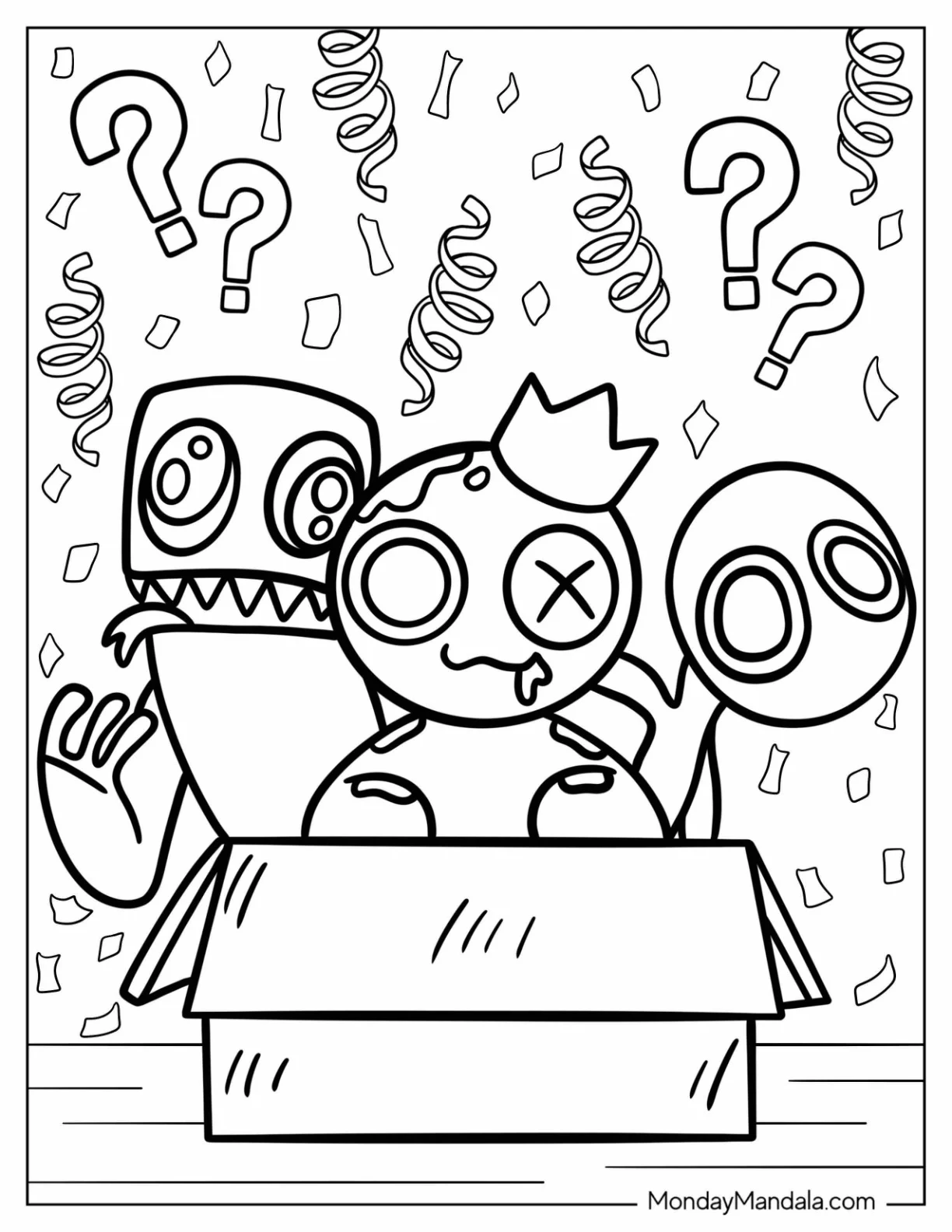 Blue, Green, And Purple Rainbow Friends Coloring Page Coming Out Of Box coloring page — printable line art