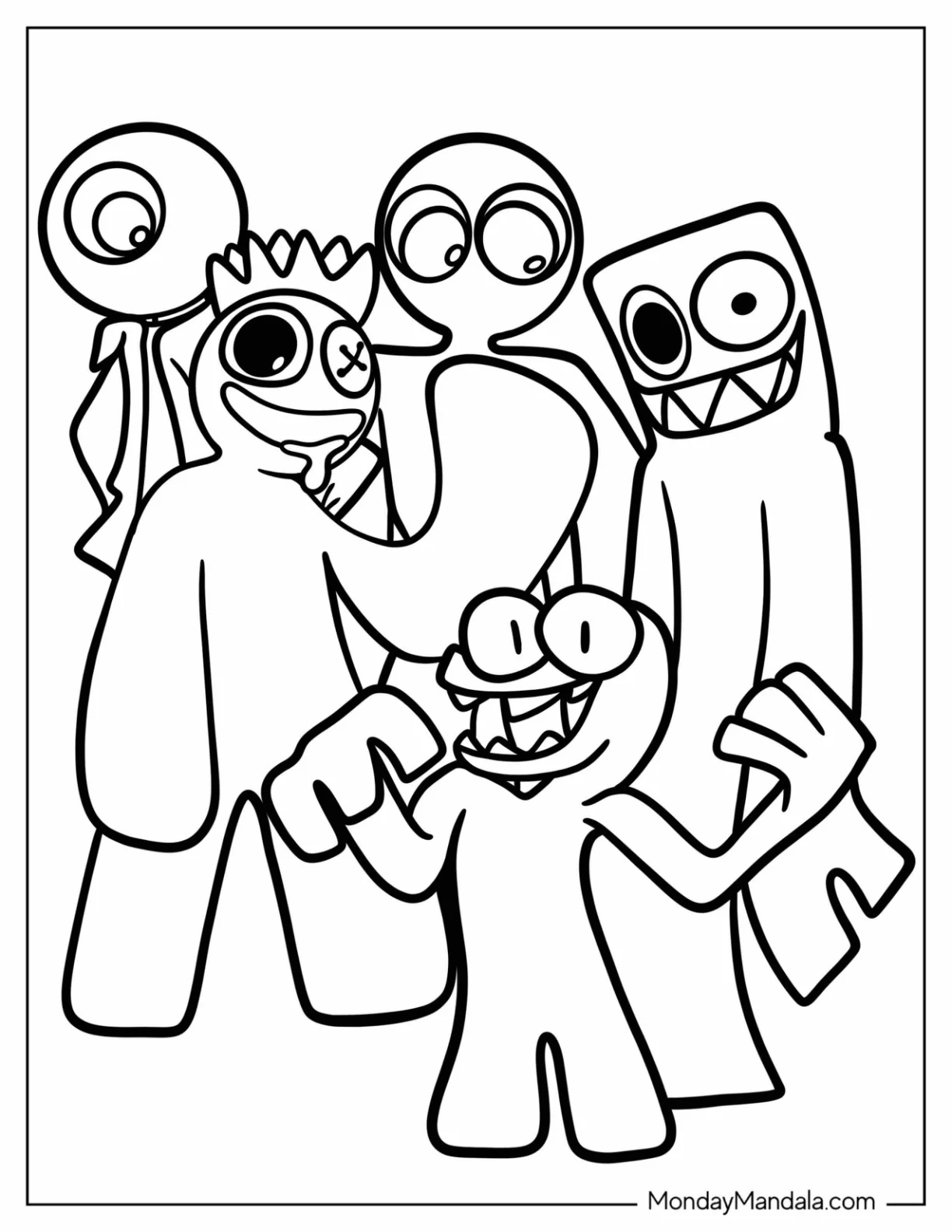 Easy Rainbow Friends Coloring Page Red, Green, Yellow, And Purple coloring page