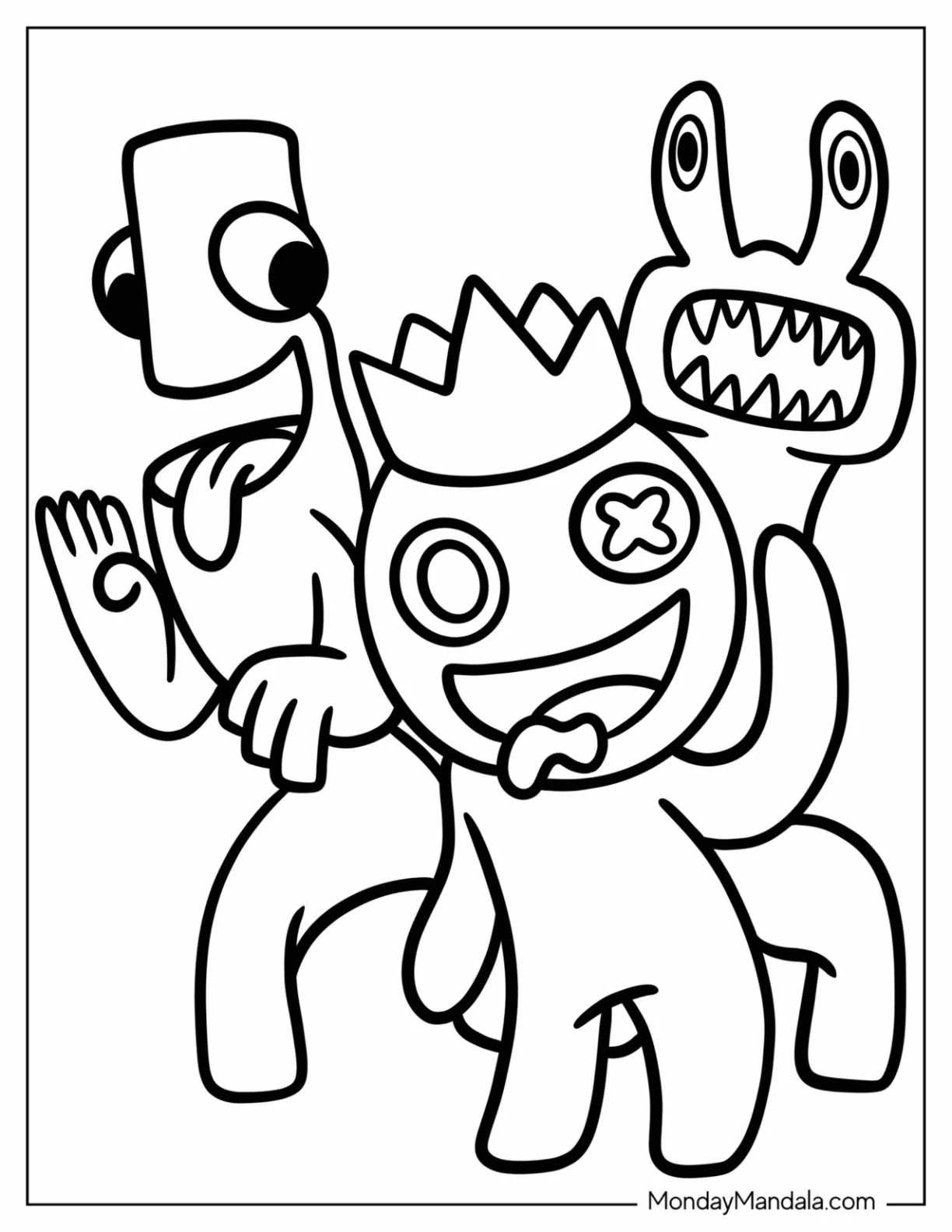 Pink, Blue, And Green Rainbow Friends Coloring Page Waving coloring page