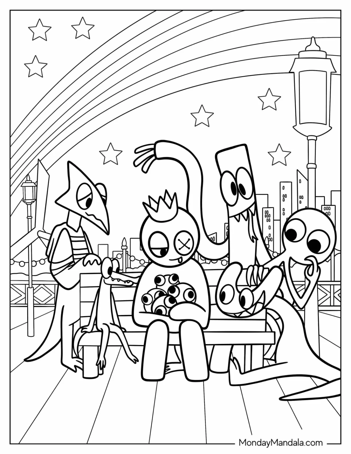 Rainbow Friends Coloring Page Watching Rainbow Babies On A Bench coloring page