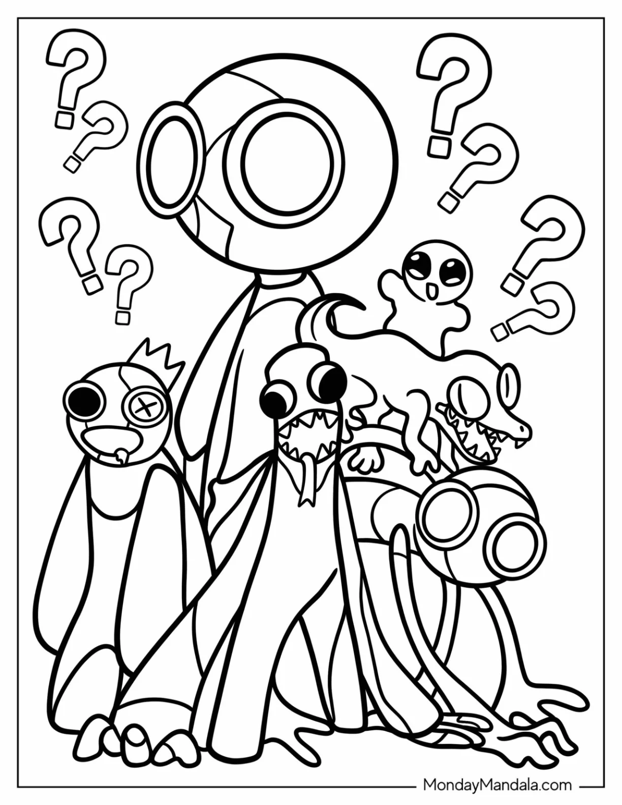 Red, Blue, Orange, Green, And Purple Rainbow Friends Coloring Page coloring page — printable line art