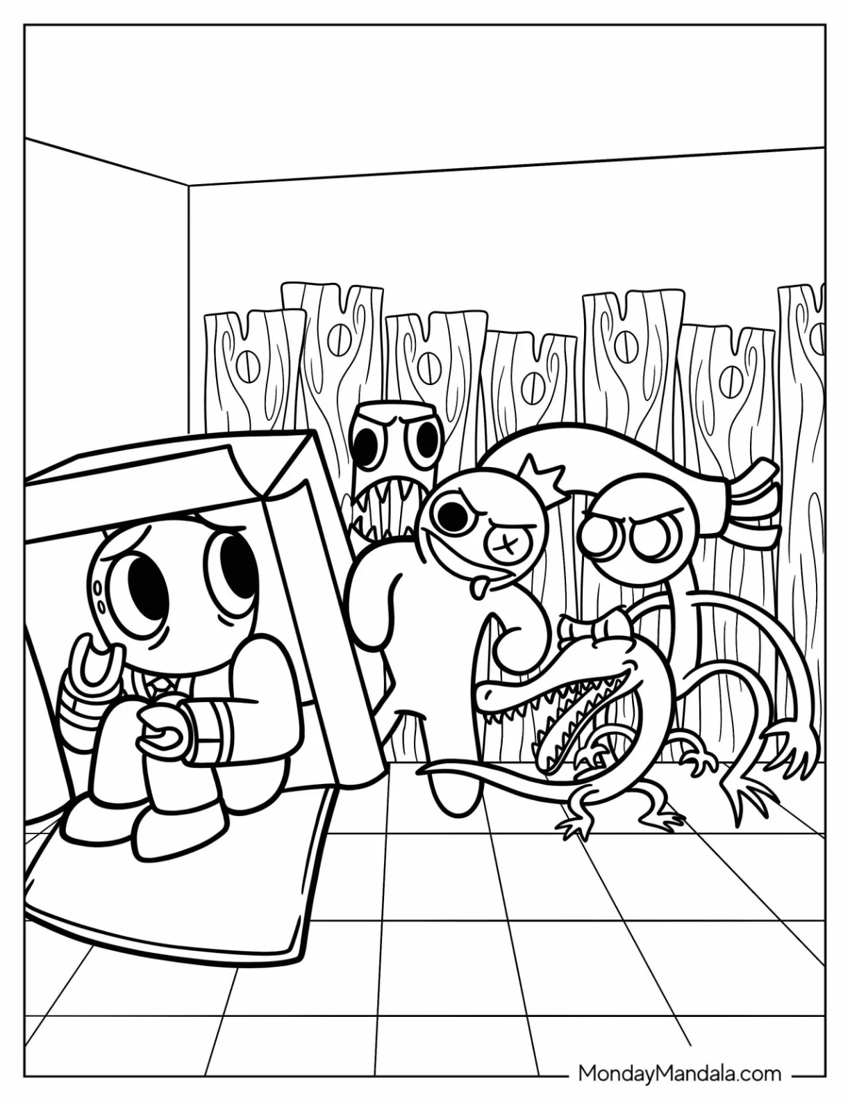 Red Friend Hiding From Scary Rainbow Friends Coloring Page coloring page