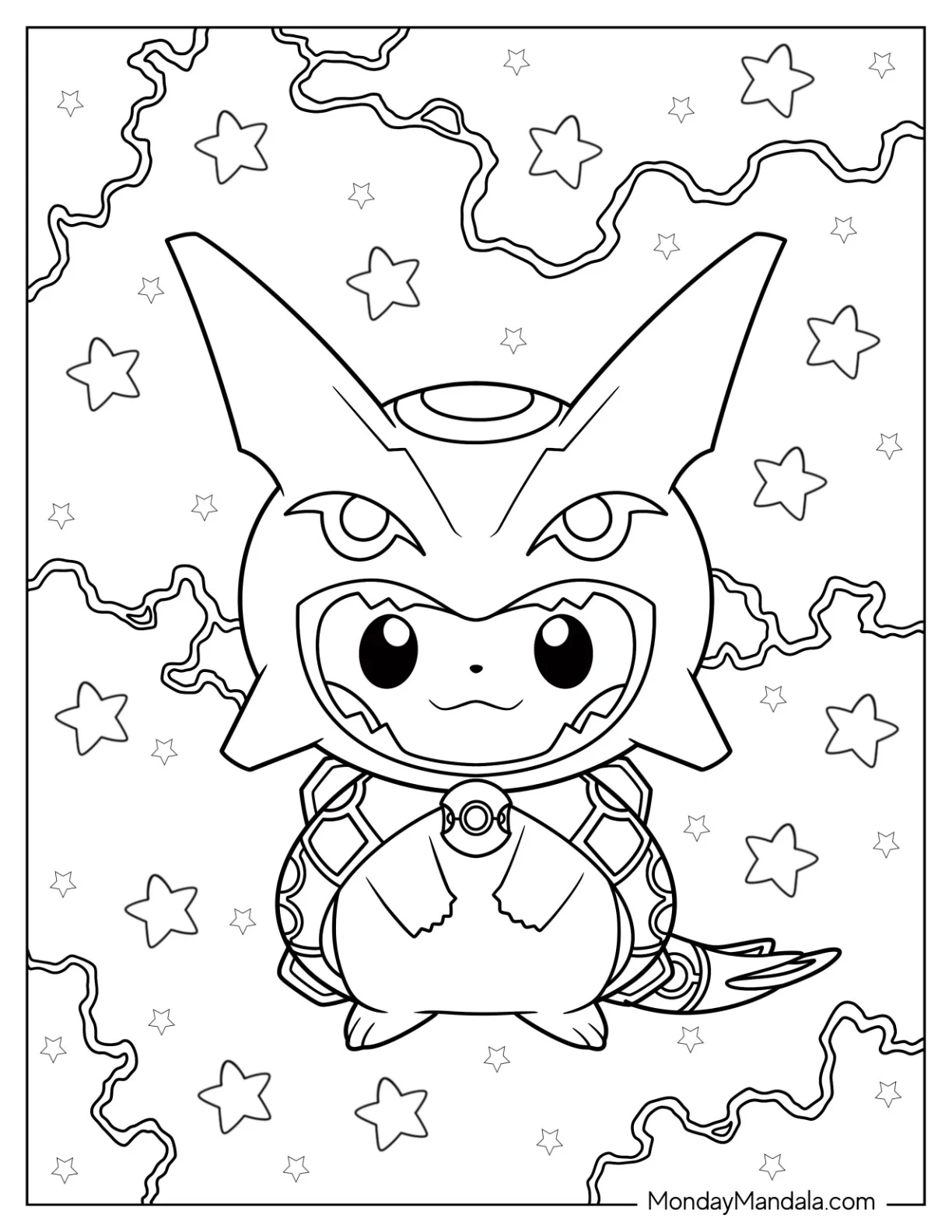 Kawaii Pikachu In Rayquaza Coloring Page Costume For Kids coloring page