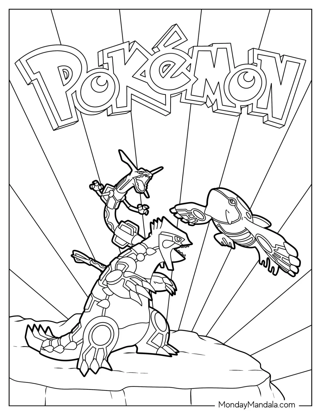 Kyogre Fighting With Groudon And Rayquaza Coloring Page coloring page — printable line art