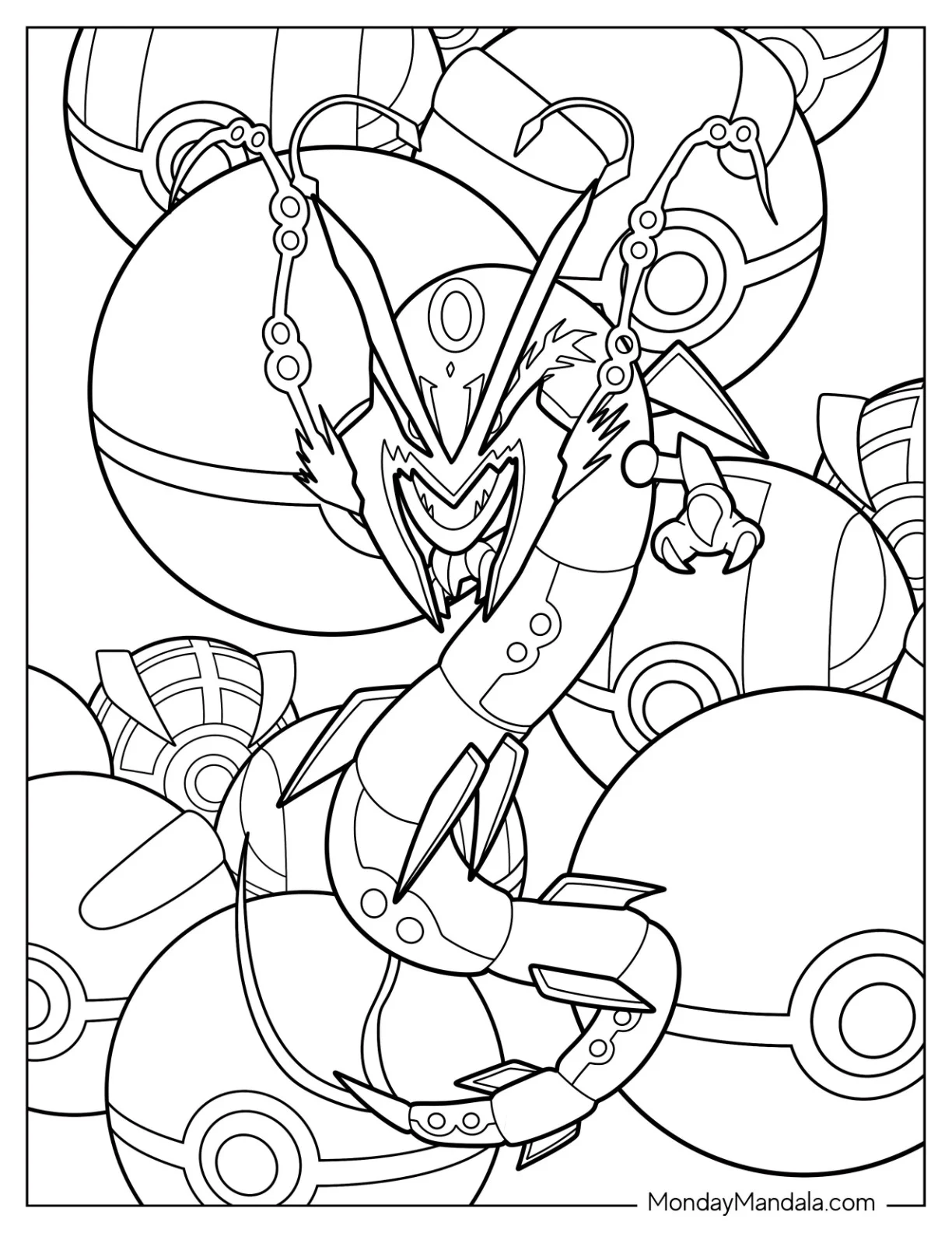 Rayquaza Coloring Page Surrounded By Pokeballs coloring page