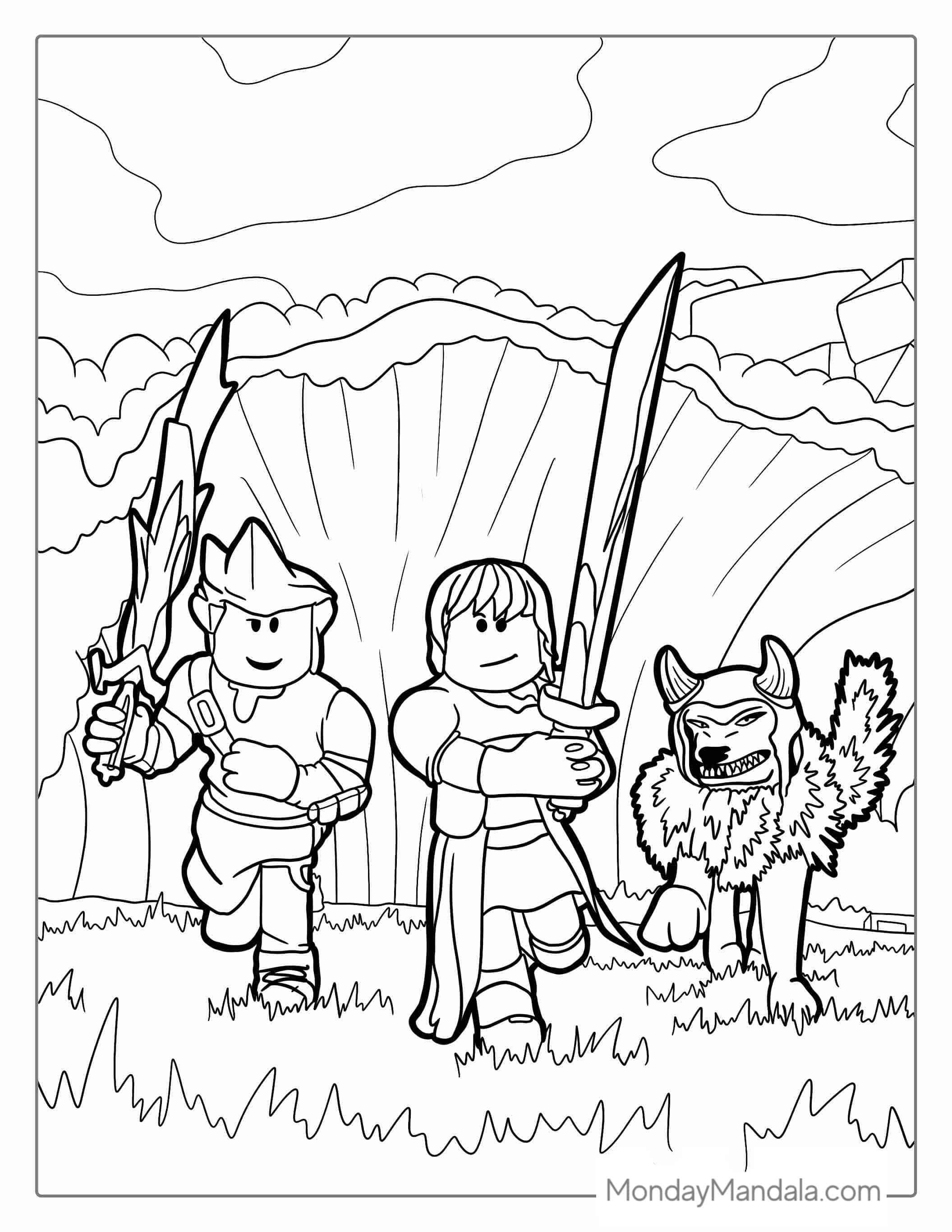 Roblox Characters Running From wave With Wolf coloring page