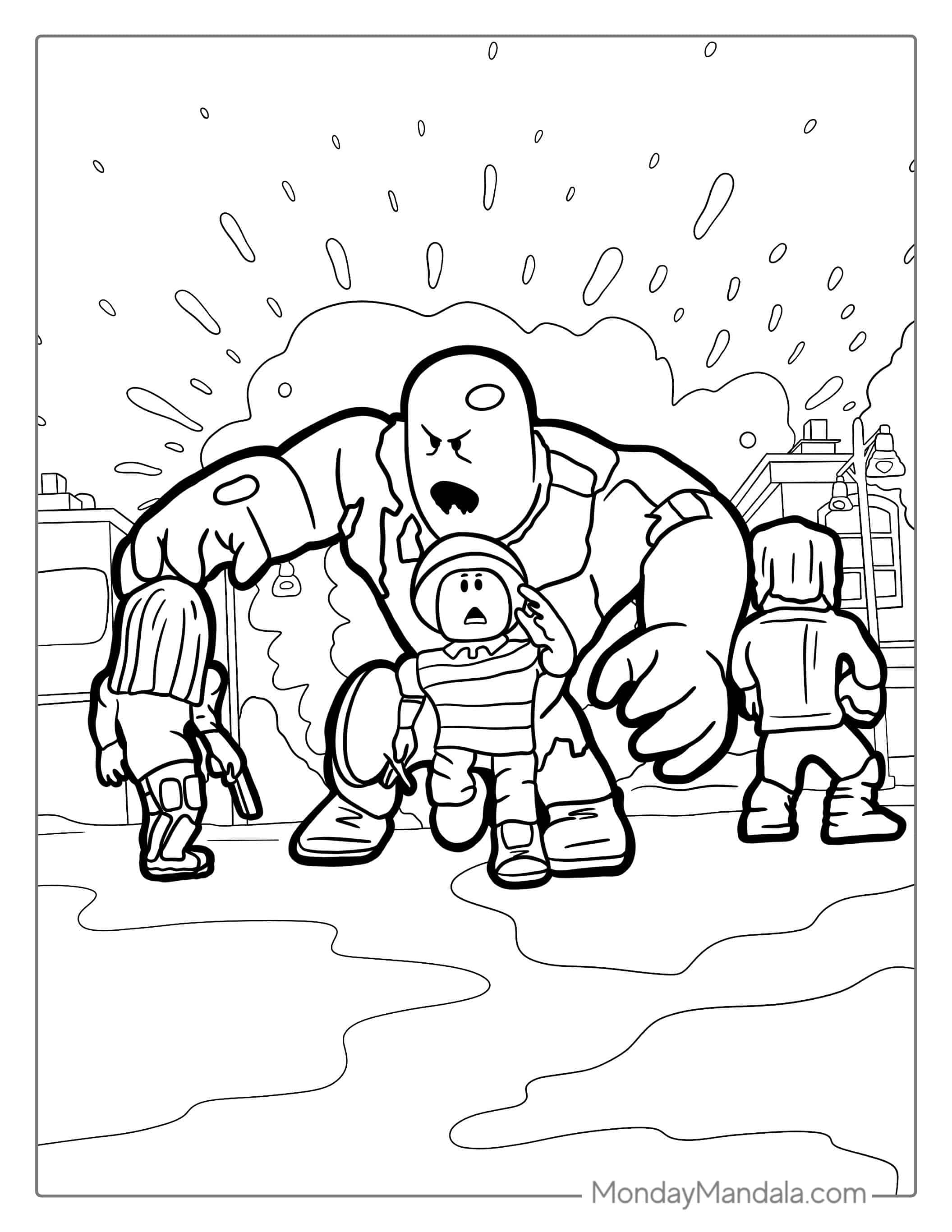 Robox Characters Running From Monster coloring page — printable line art
