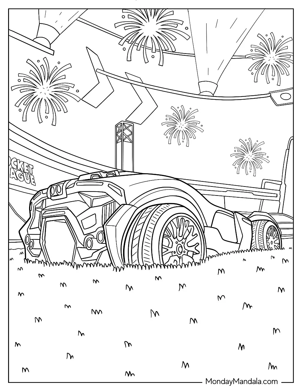 Rear View Of Rocket League Coloring Page Breakout Type S With Fireworks In The Sky coloring page
