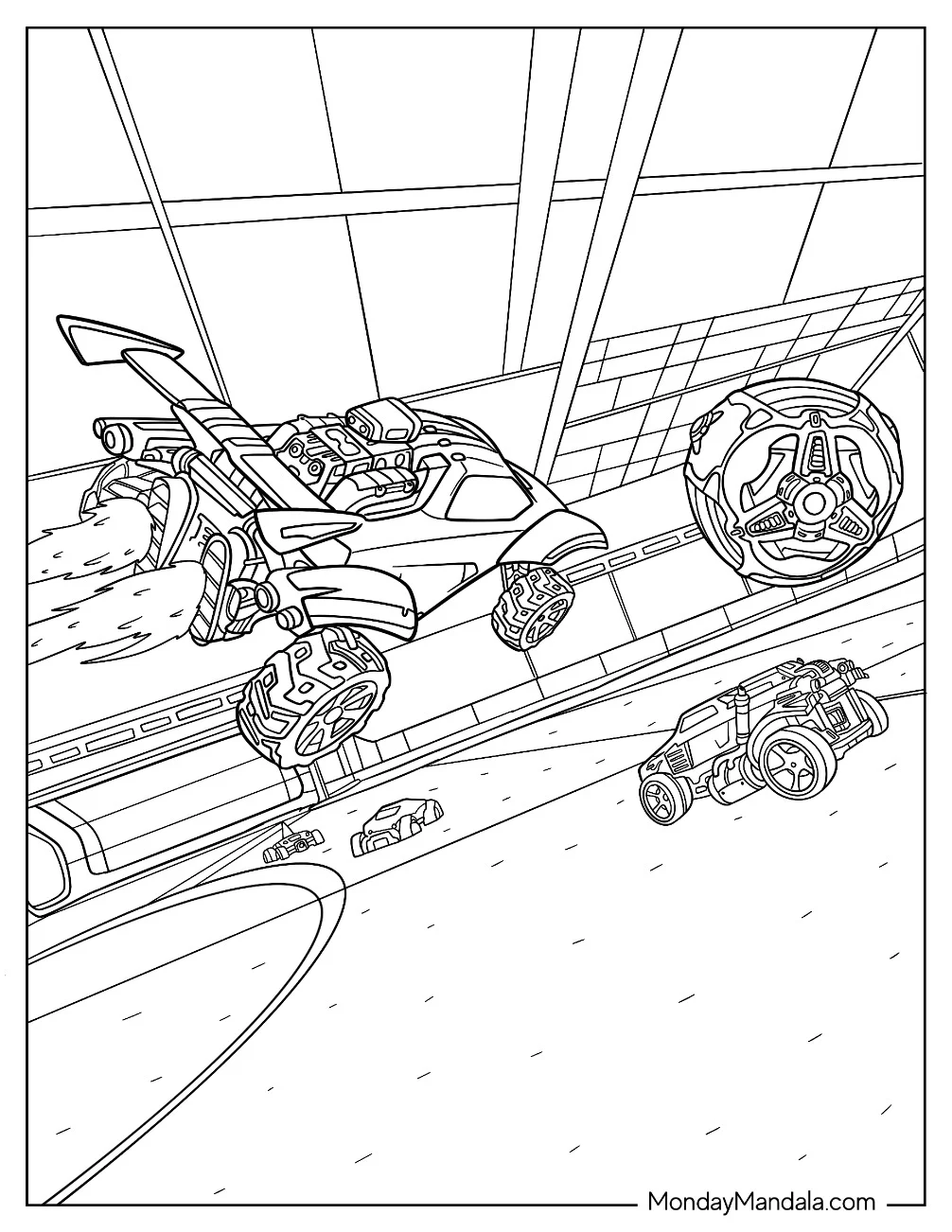 Rocket League Coloring Page Of Detailed Battle Cars Aiming For The Ball coloring page