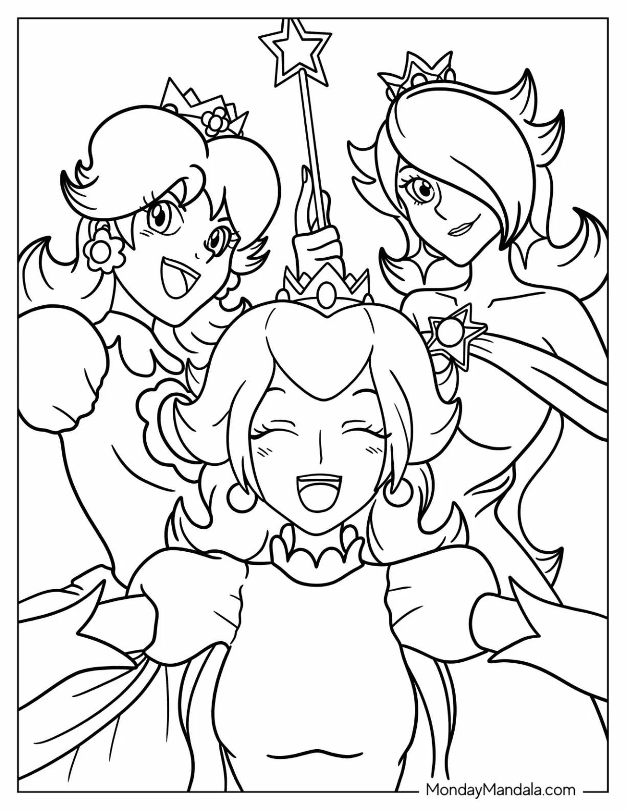 Anime Style Princess Rosalina Coloring Page With Peach, And Daisy coloring page — printable line art
