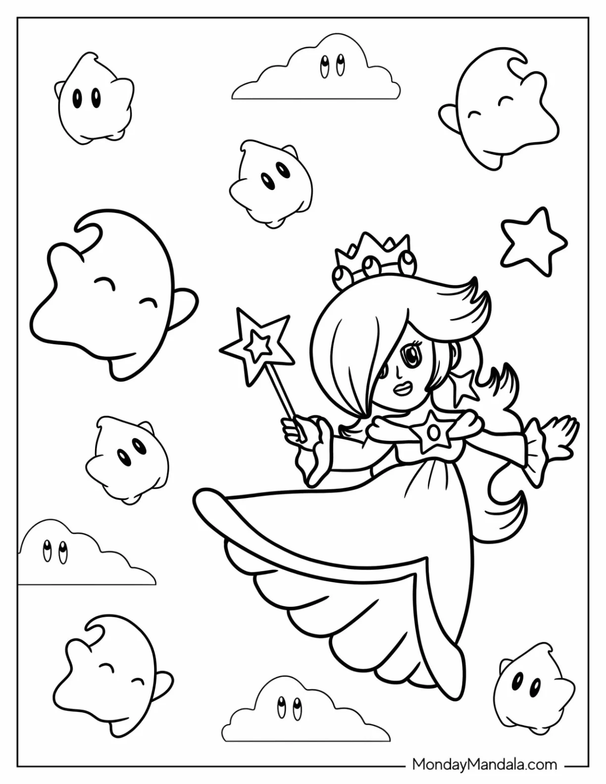Chibi Princess Rosalina In The Sky With Lumas Coloring Sheet coloring page — printable line art