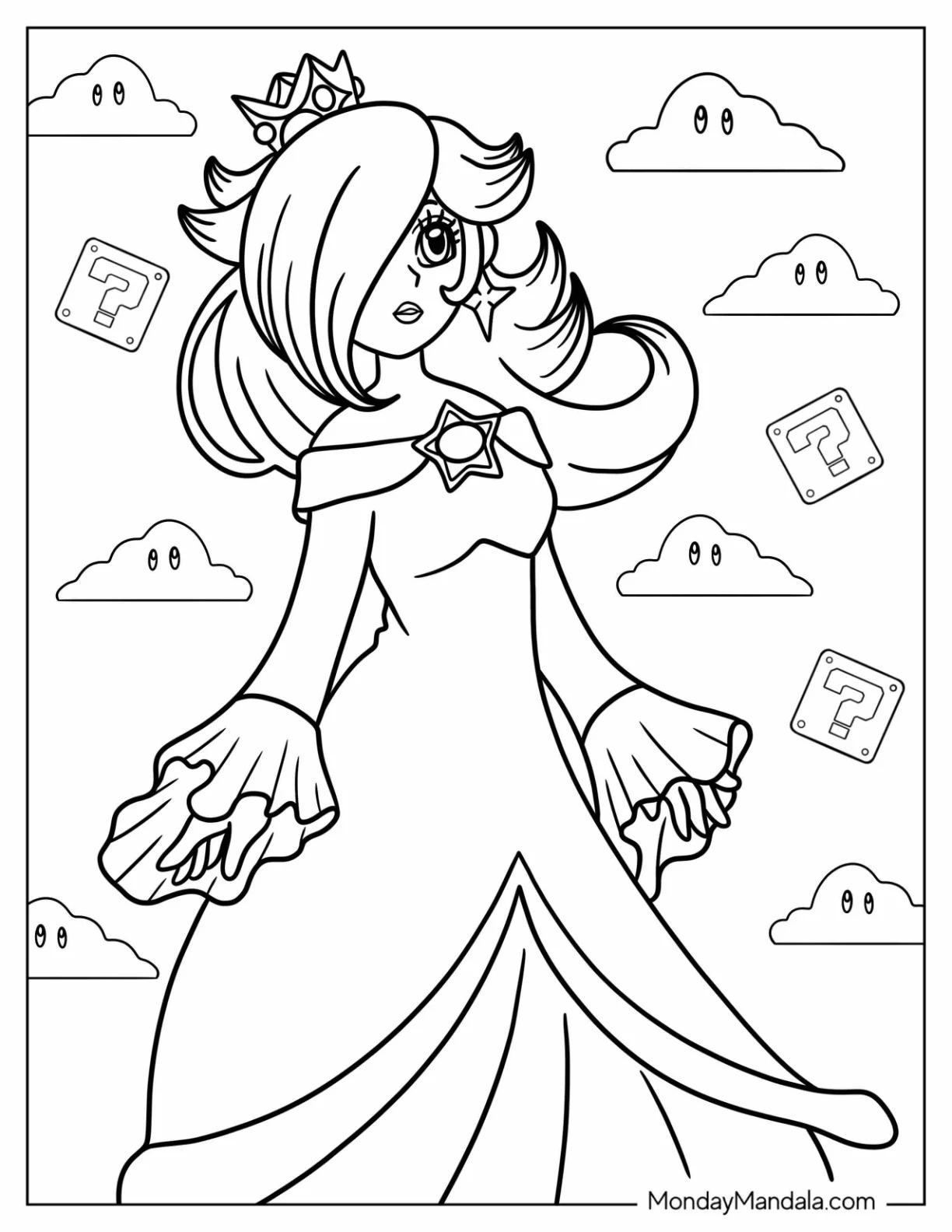 Detailed Rosalina Coloring Page In Gown For Kids coloring page — printable line art