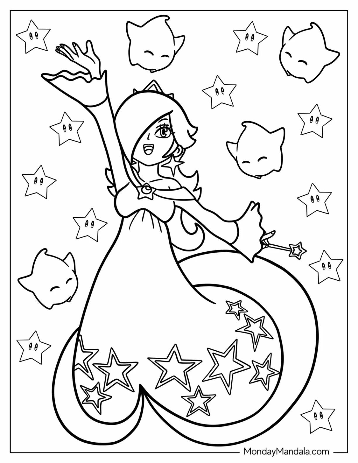 Easy Rosalina Coloring Page With Luma And Stars In Background coloring page — printable line art