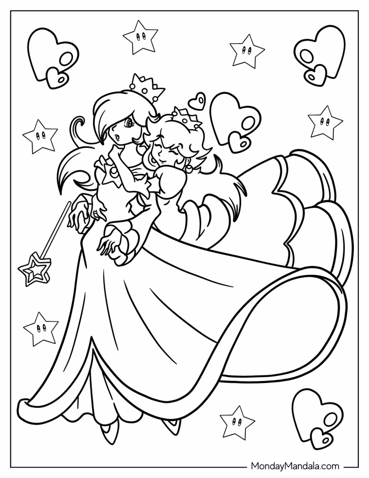 Princess Peach Hugging Princess Rosalina Coloring Page coloring page — printable line art