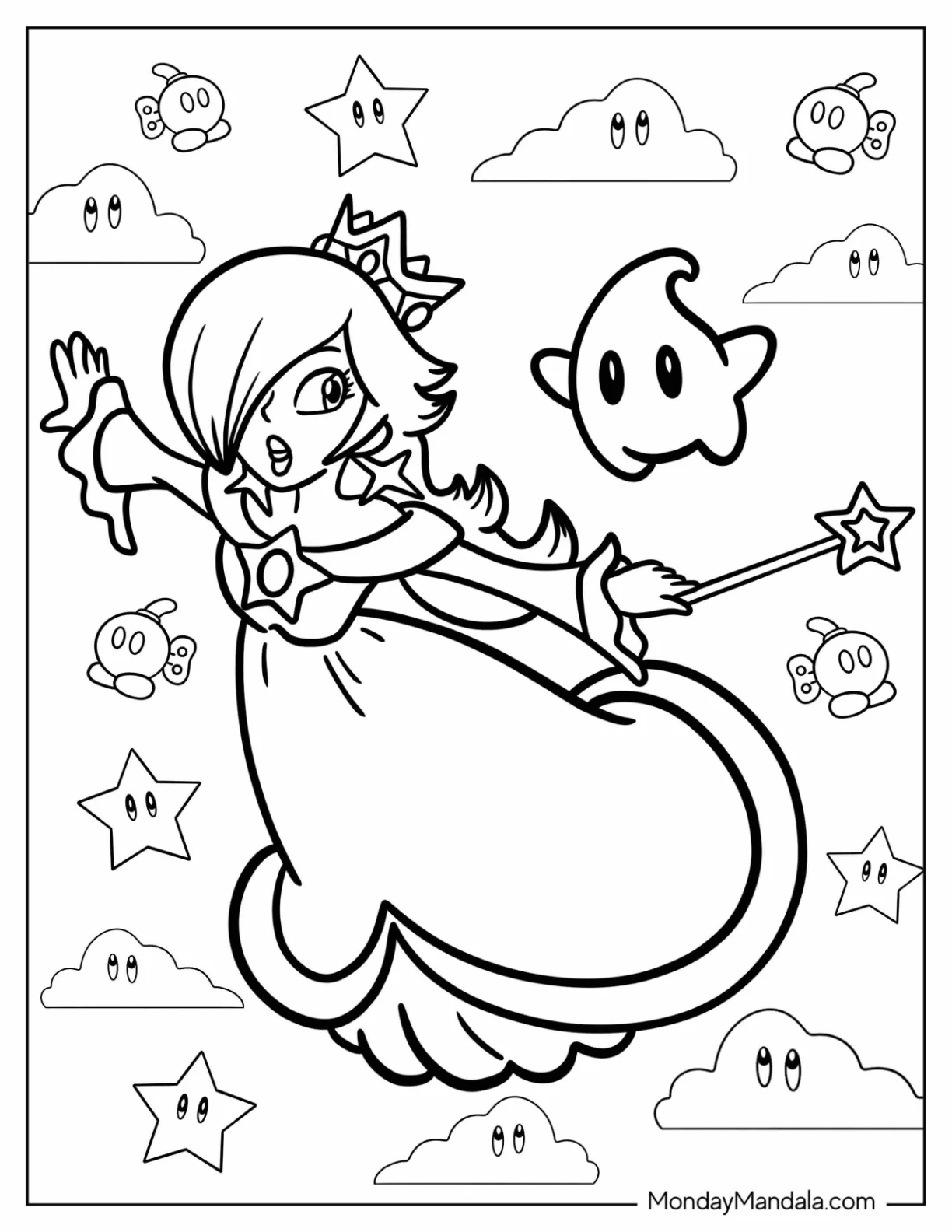 Rosalina Coloring Page Flying In The Sky With Luma coloring page