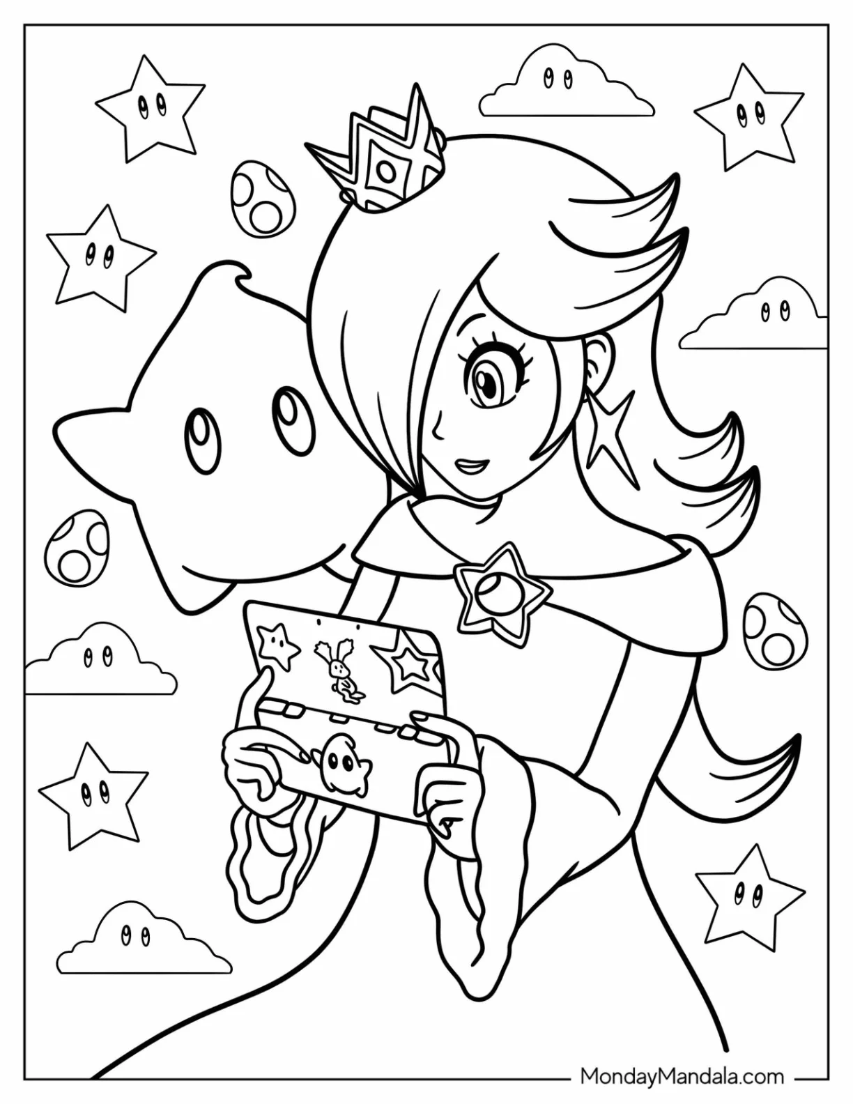 Rosalina Coloring Page Playing Video Game With Luma Watching coloring page
