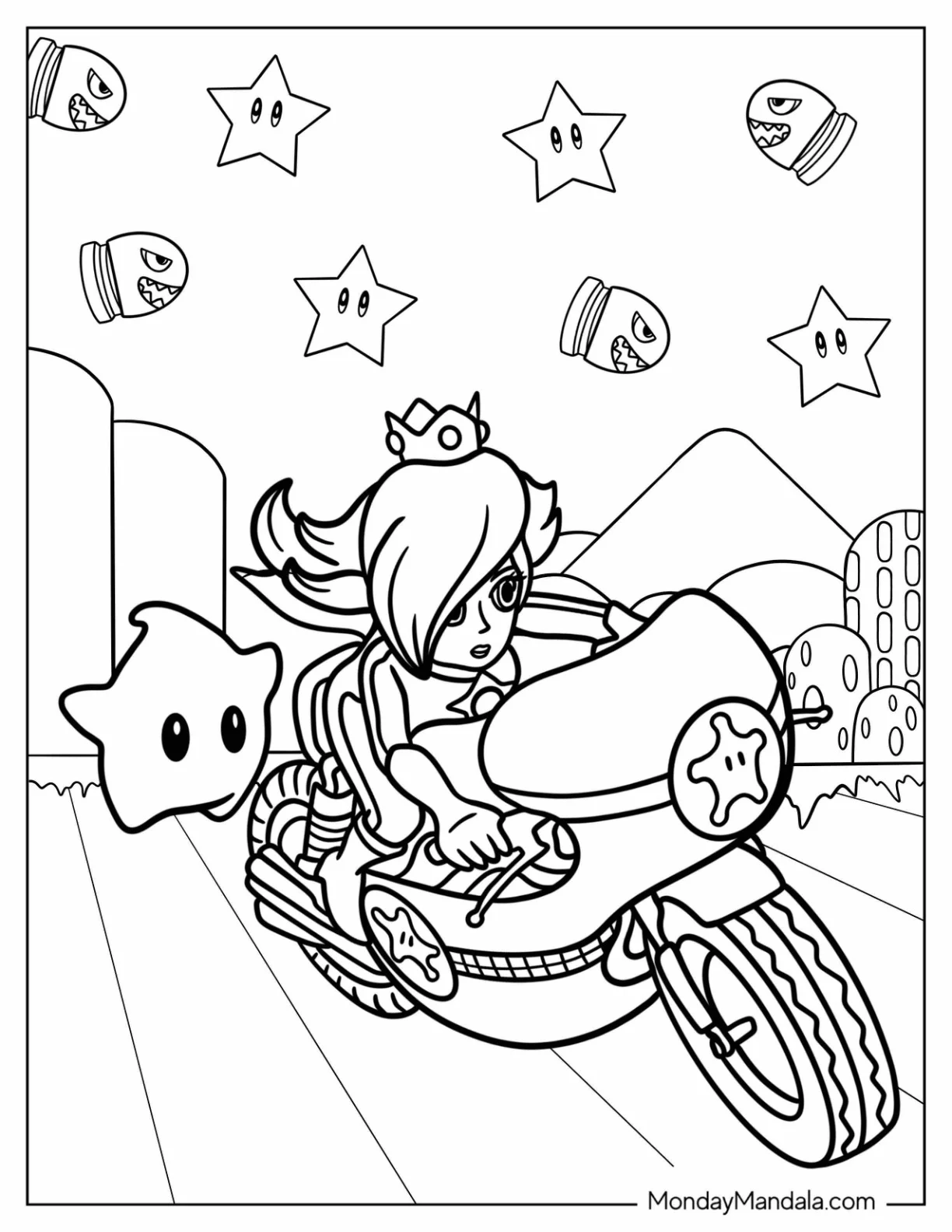 Rosalina Coloring Page Riding Bike With Luma In Mario Kart coloring page