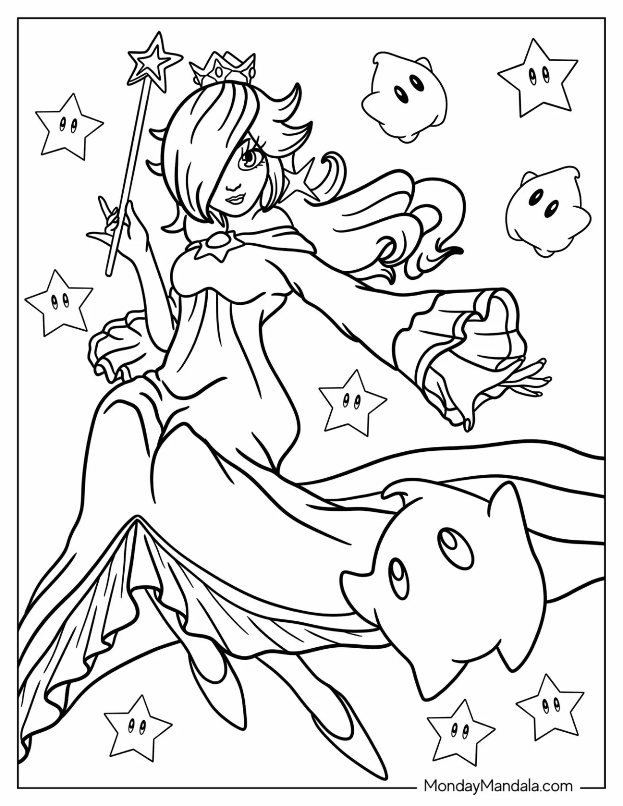 Rosalina Coloring Page Wearing Long Gown And Holding Wand With Luma coloring page