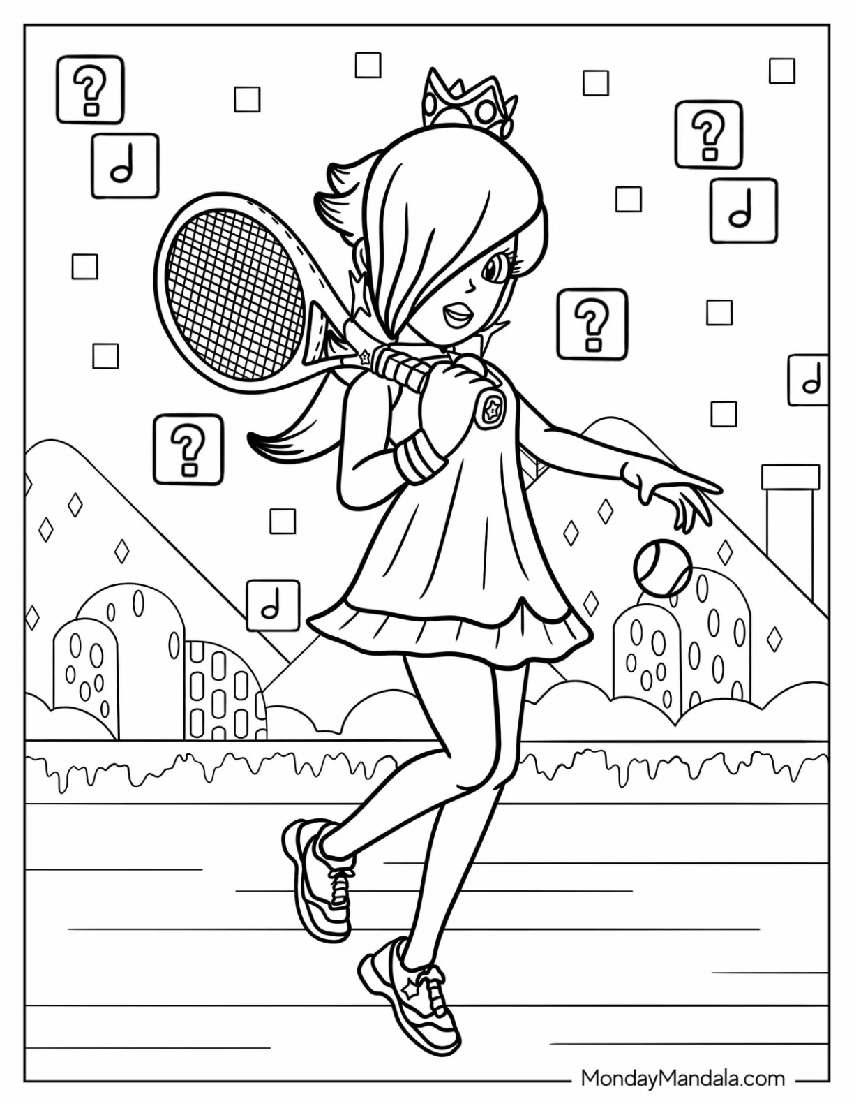 Rosalina Coloring Page With Tennis Racquet And Tennis Ball coloring page