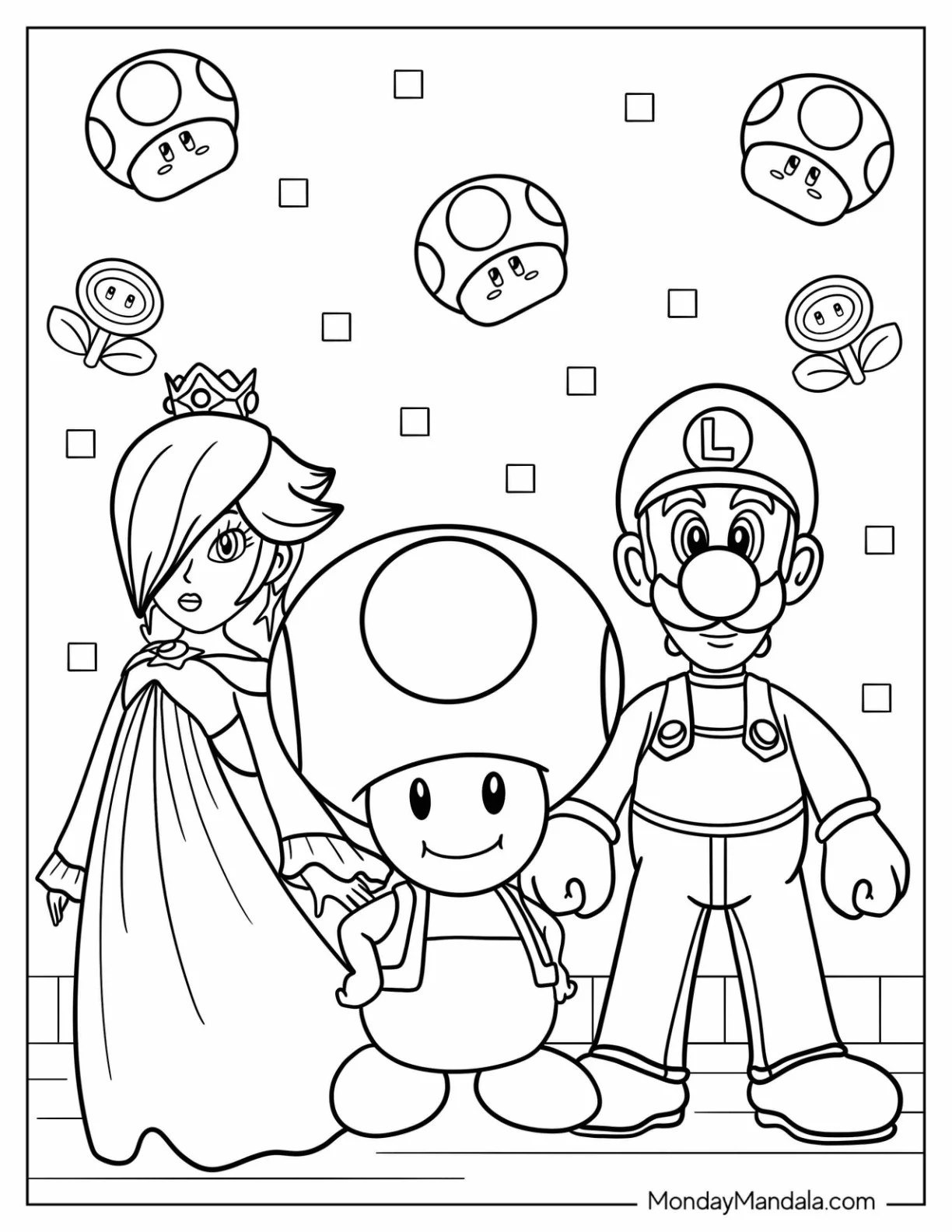 Rosalina Coloring Page With Toad And Luigi coloring page — printable line art