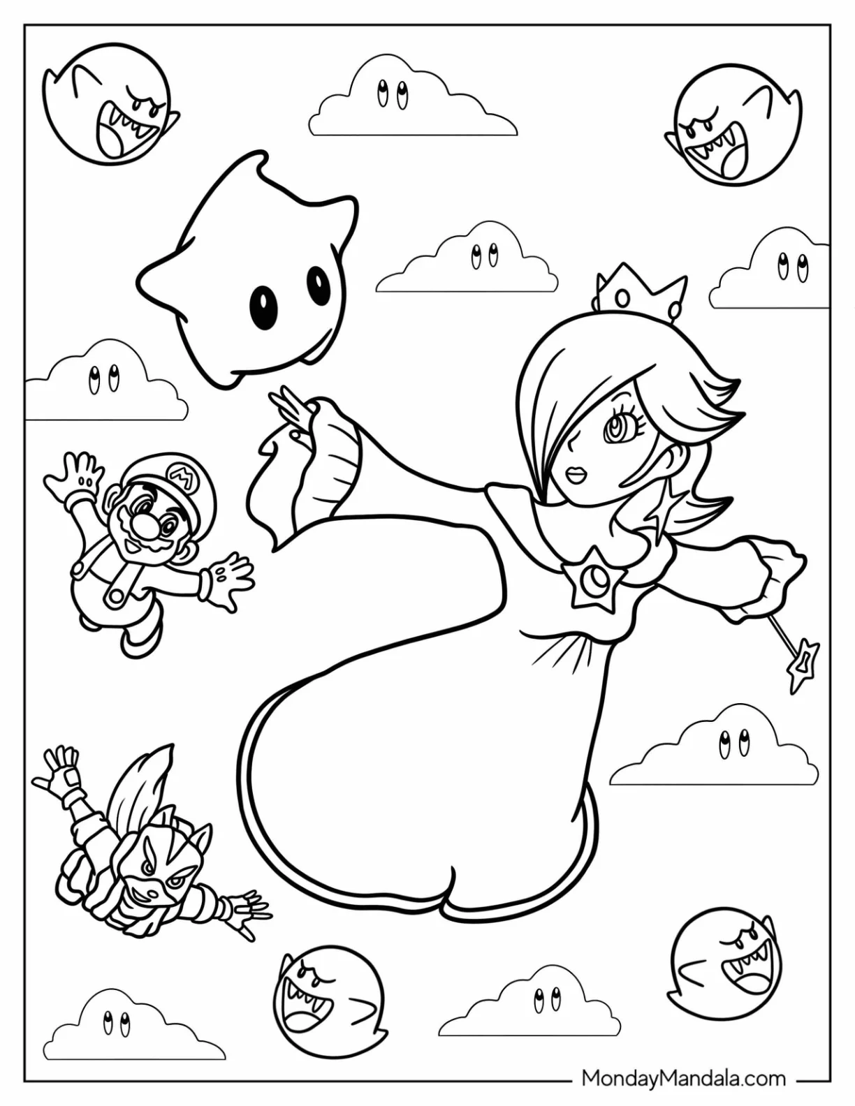 Rosalina Flying In The Sky With Luma, Mario, And Star Fox Coloring Sheet coloring page