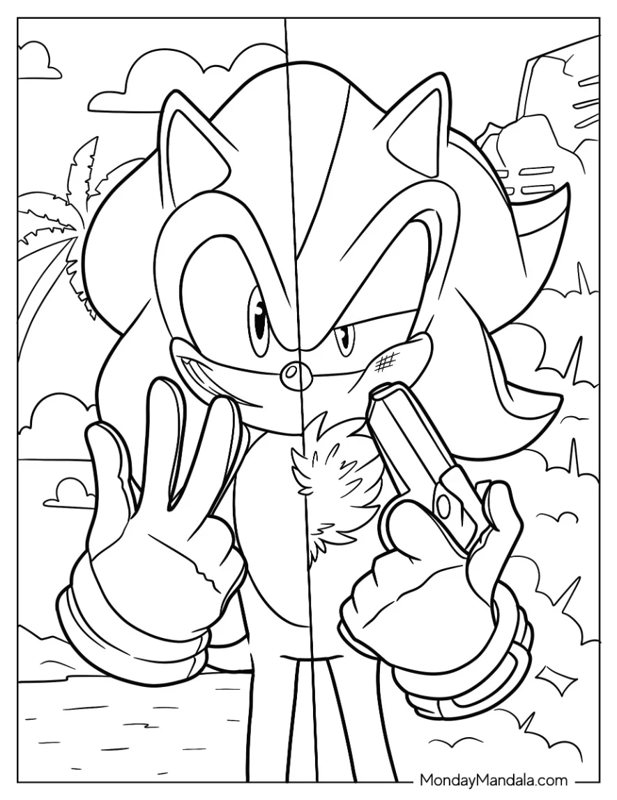 Half Sonic And Half Shadow Coloring Page In Fight Mode coloring page