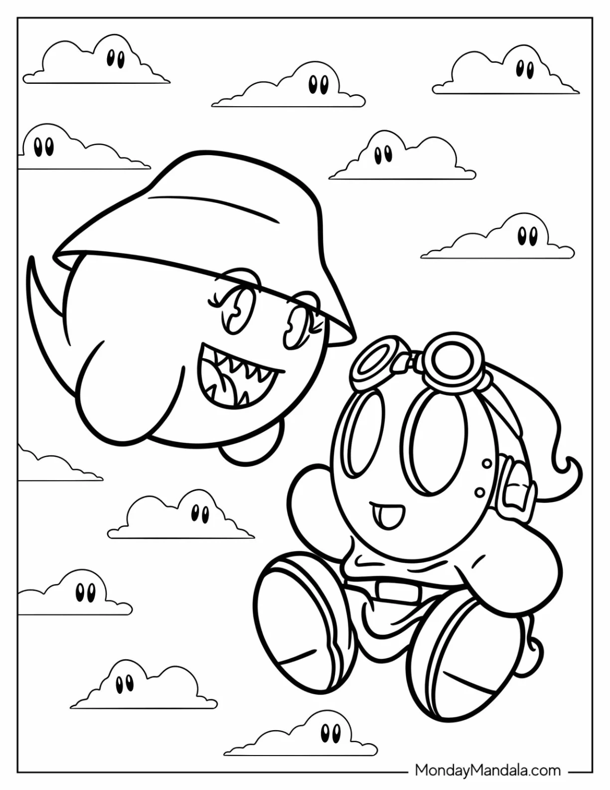 Boo In Bowl Hat And Shy Guy Coloring Page Wearing Aviator Glasses coloring page