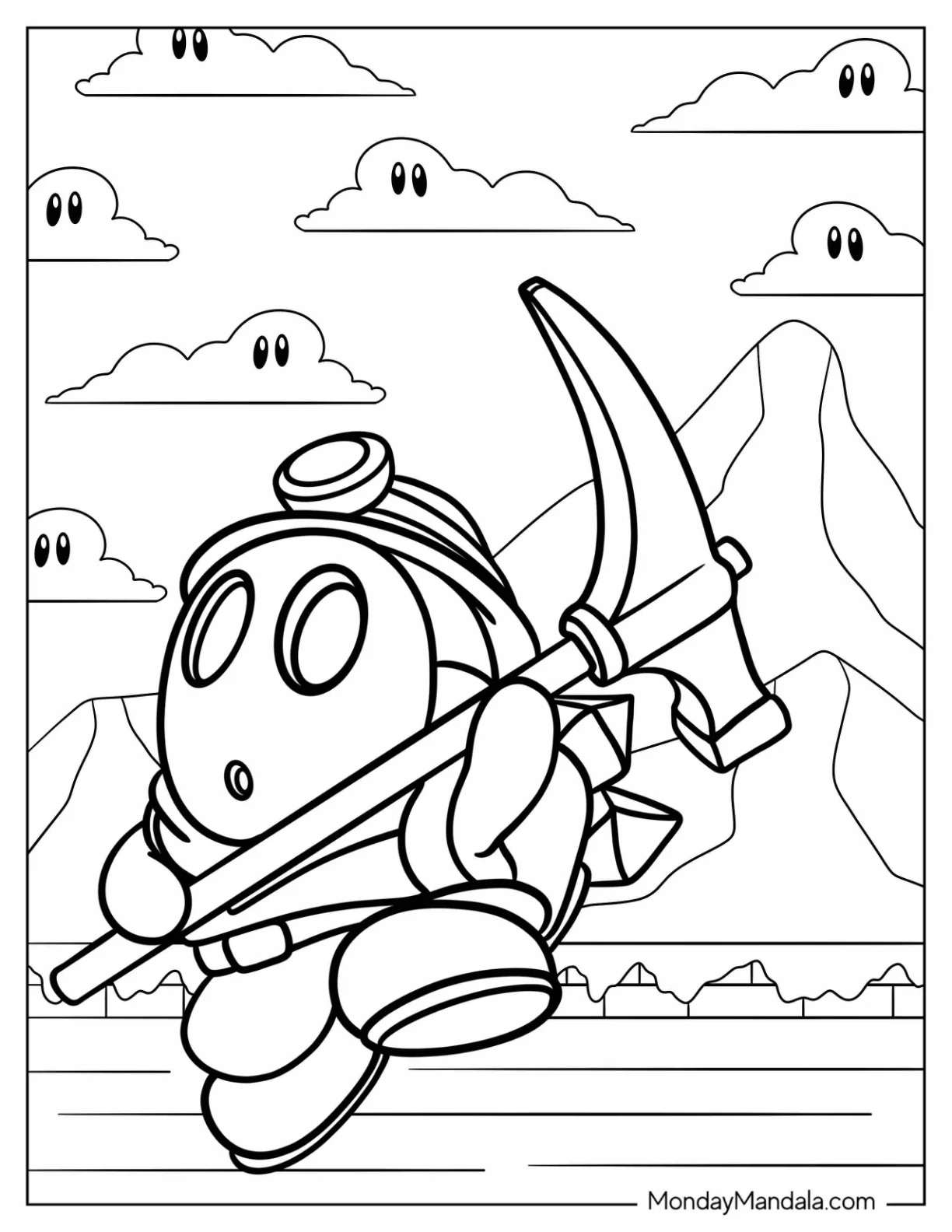 Miner Shy Guy Coloring Page Holding Pickaxe coloring page