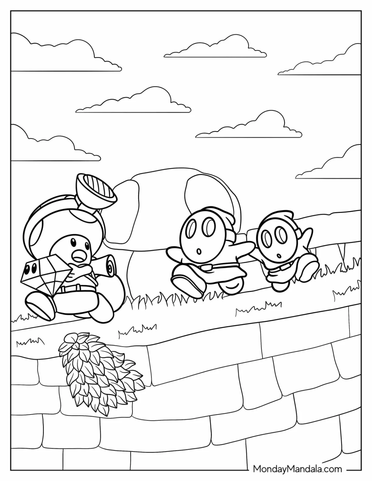 Shy Guy Coloring Page Chasing Miner Toad With Emerald coloring page