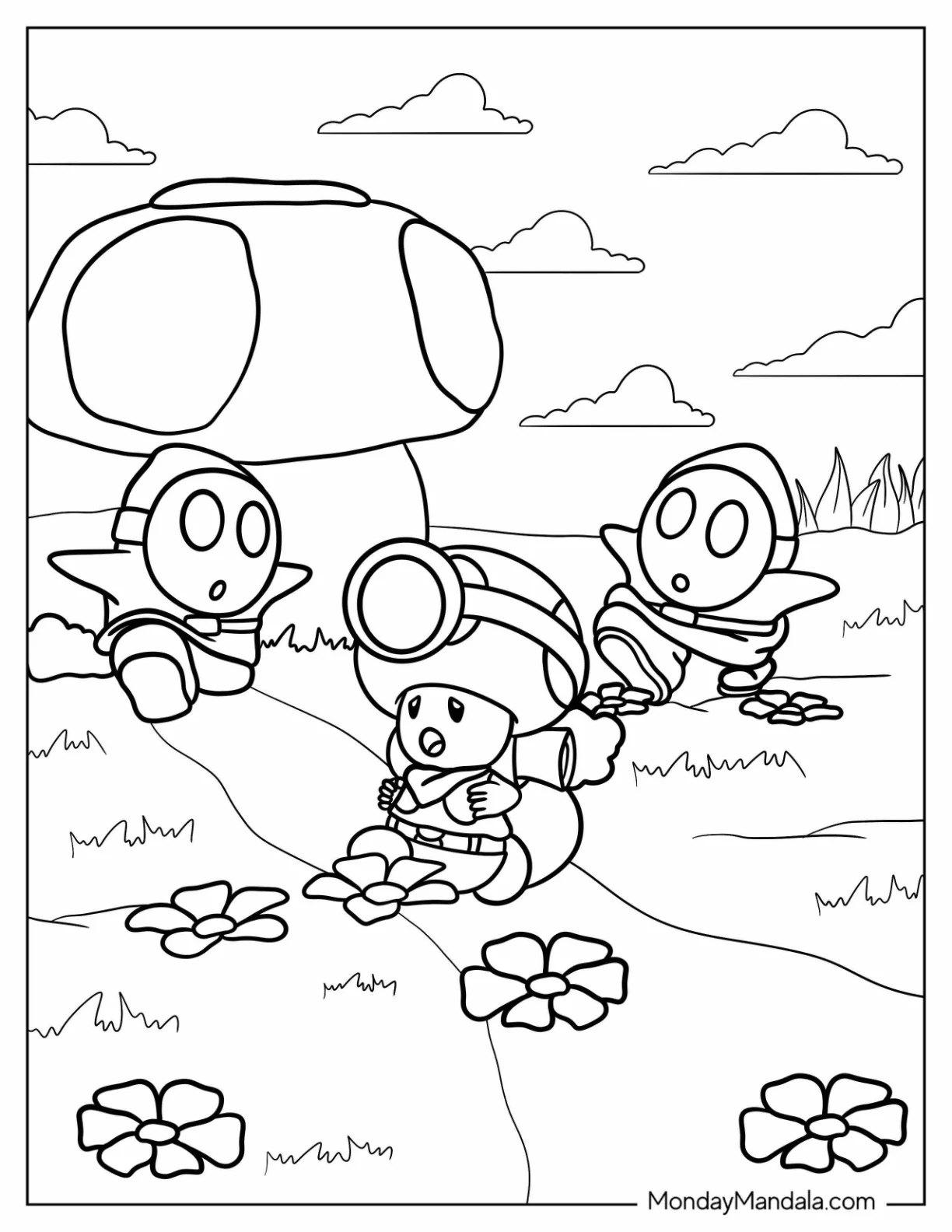 Shy Guy Coloring Page Running After Toad coloring page — printable line art
