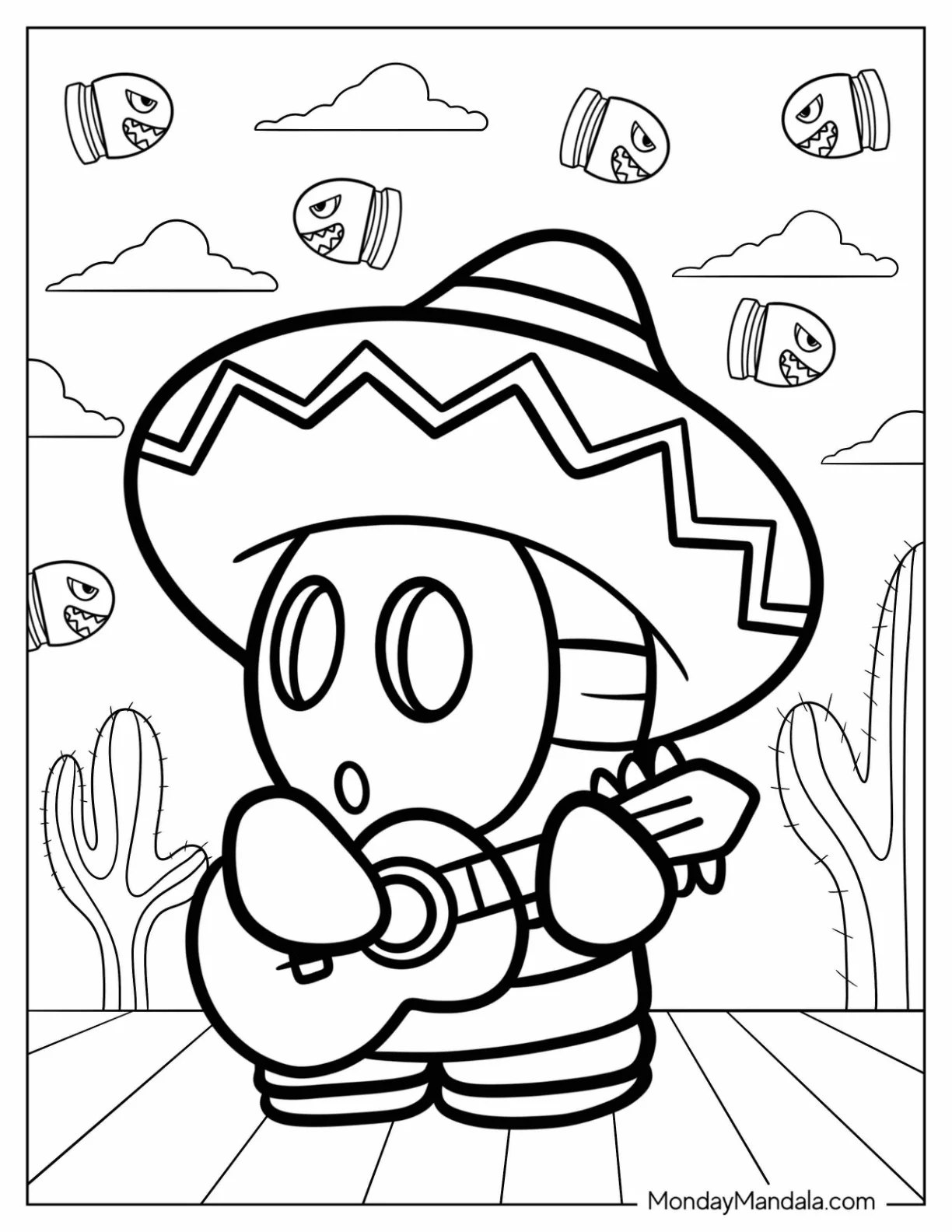 Sombrero Shy Guy Coloring Page Playing Guitar coloring page