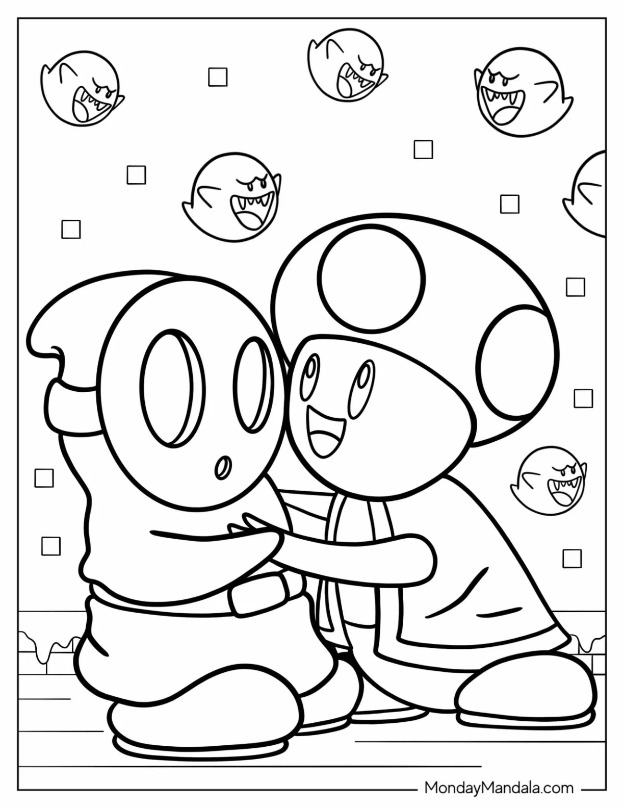 Toad Hugging Shy Guy Coloring Page coloring page — printable line art